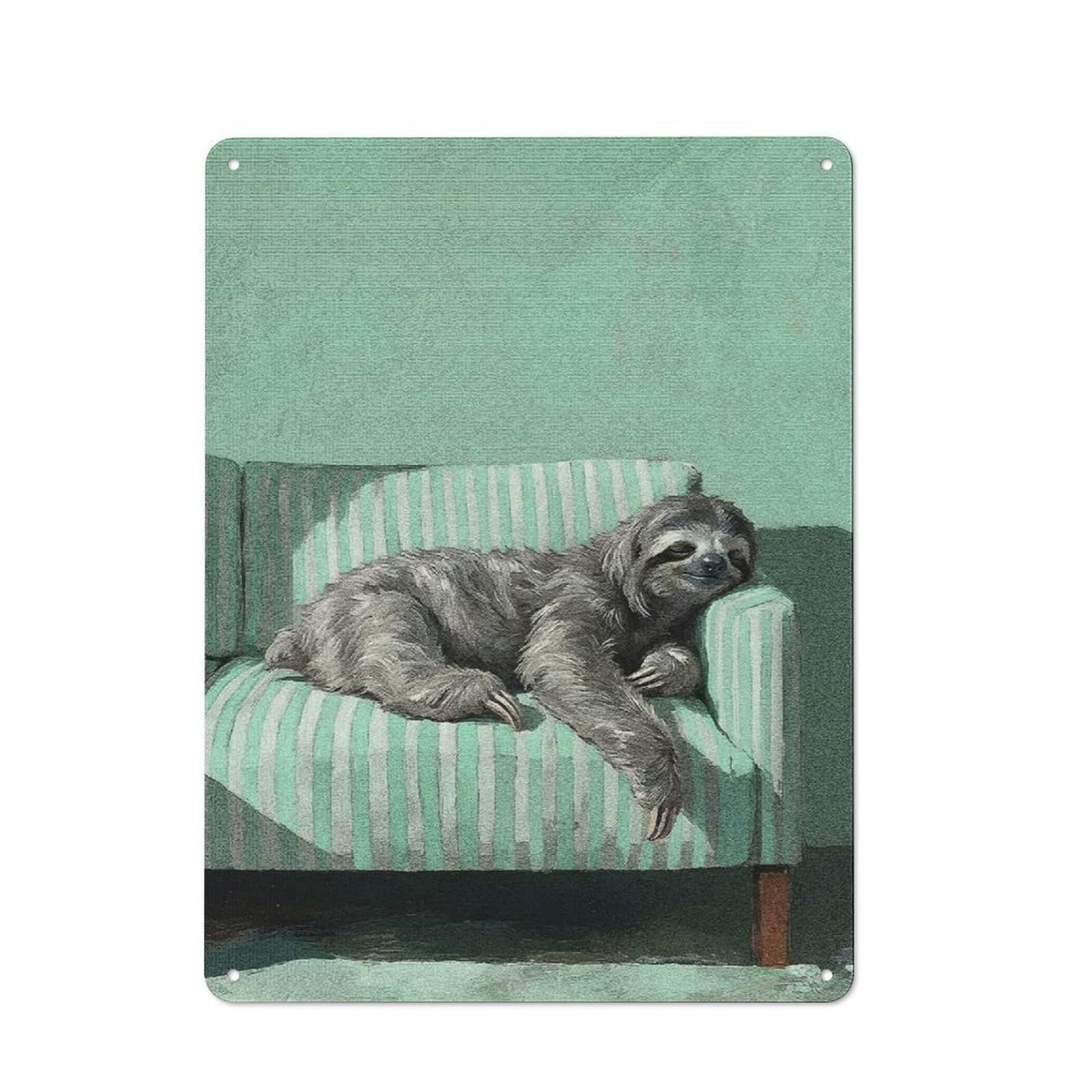 Junmoney Style Sloth Resting On Striped Couch Retro Metal Sign 40X30cm, Distressed Look Retro Room Decor For Living Room, Hallway, Kitchen Or Cafe