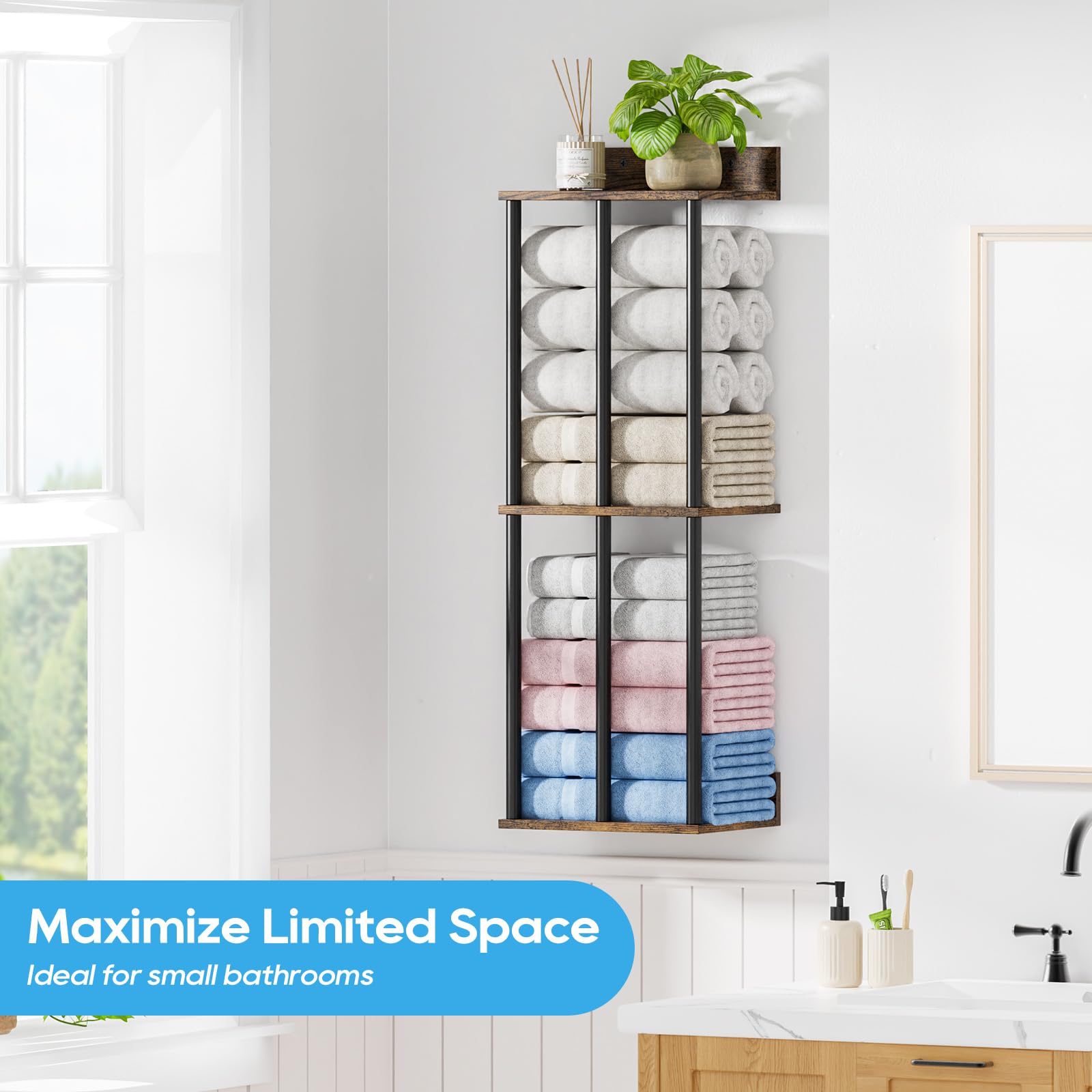 Soporte para Toallas de Pared con Estante de Madera - Organizador de Baño con 3 Barras, Gran Capacidad y Fácil Instalación - Ideal para Toallas Enrolladas - Marrón