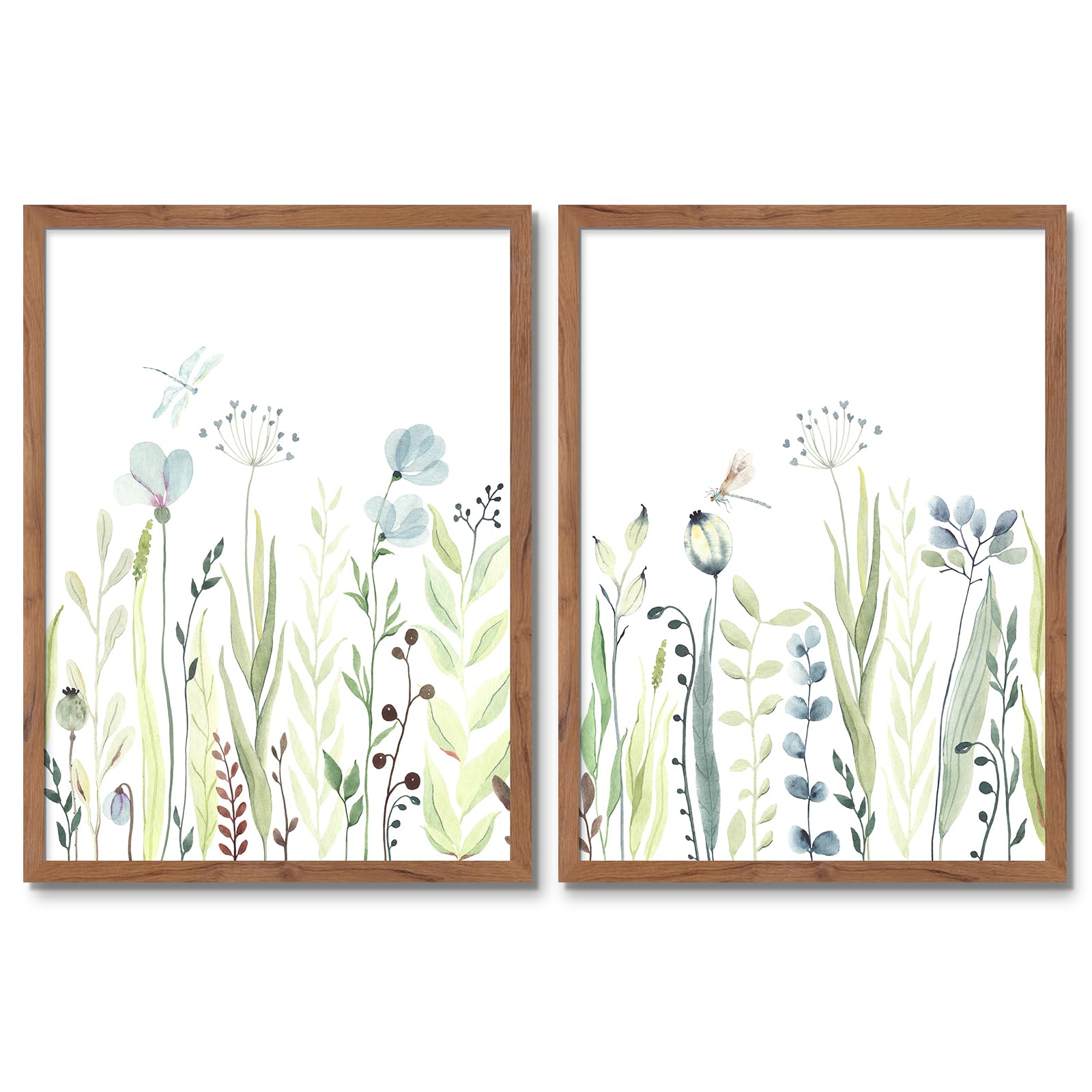 Watercolor Botanical Wall Art Dragonfly with Blue Wildflower Canvas Prints Picture Nature Floral Plants Wall Decor Minimalist Farmhouse Poster Framed