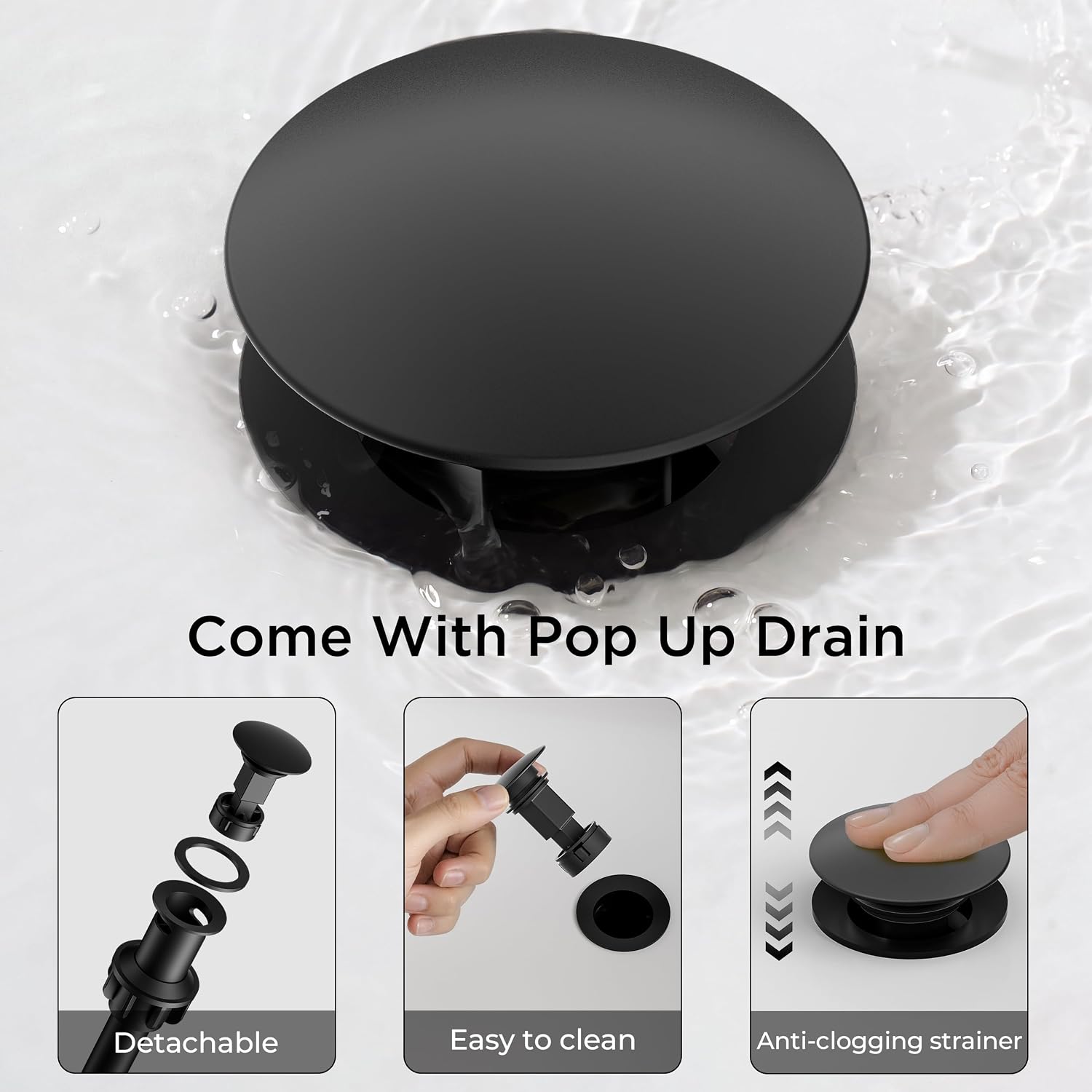 FORIOUS Matte Black Bathroom Faucet 1 or 3 Hole, Modern Single Handle One Hole Bathroom Sink Faucets with Pop Up Drain and Supply Hose for Vanity, RV, Lavatory, Restroom