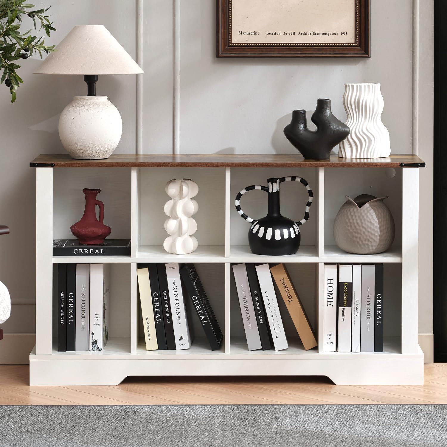 8 Cube Storage Organizer, 2 Tier White Bookshelf for Living Room, Farmhouse Bookcase with Led, Kids Toy Storage Cabinet, Wall Cubby Shelves for Home Decor, Wood Display Cabinet for Bedroom, White