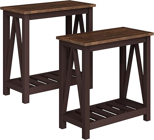 Miniatura 9 de ChooChoo Mesa auxiliar de granja, mesa auxiliar rústica vintage estrecha con estante de almacenamiento para espacios pequeños, mesita de noche para