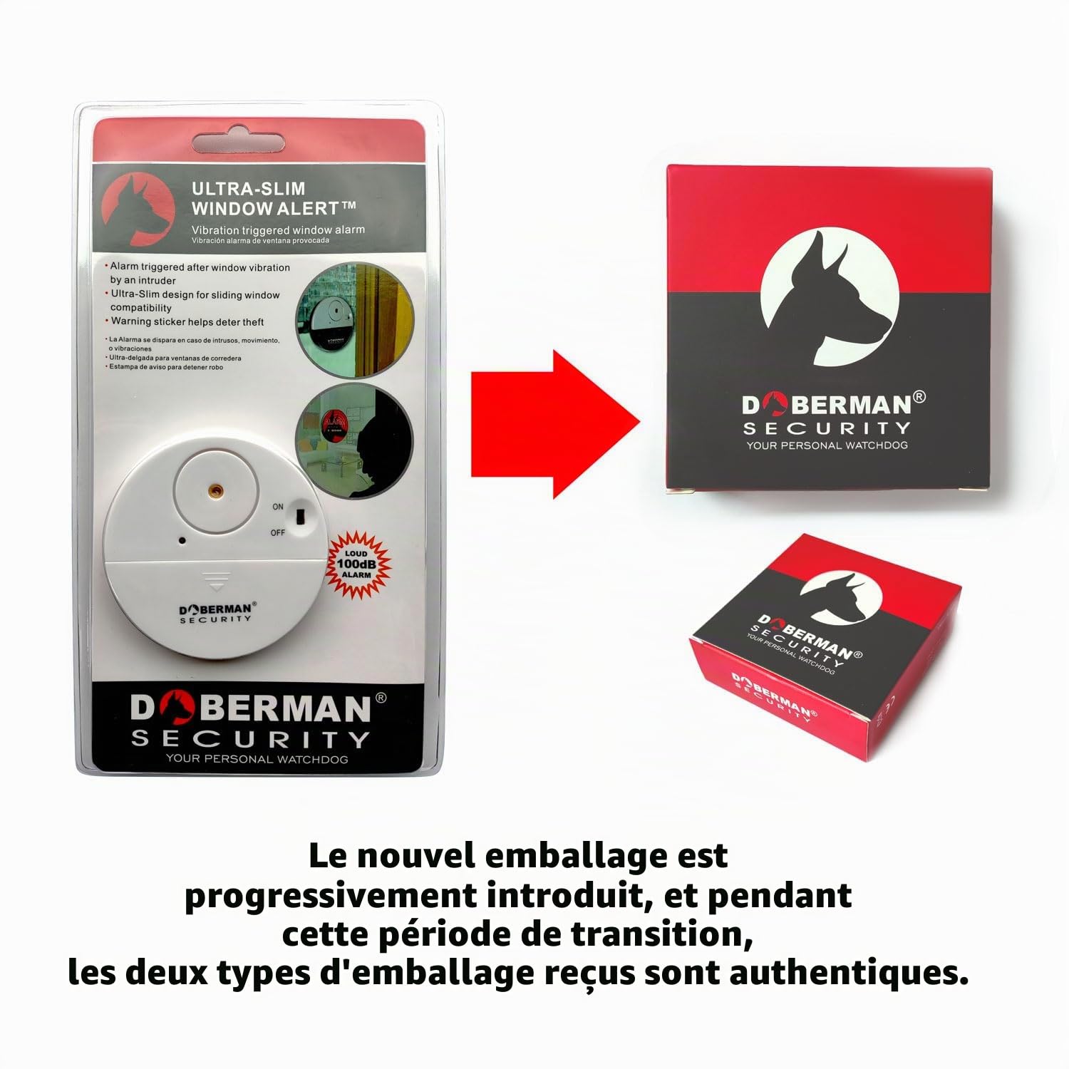 WOWSEA DOBERMAN SECURITY Alarme de fenêtre ultra fine - Alarme puissante de 100 dB et capteurs de vibrations - Design moderne et ultra fin