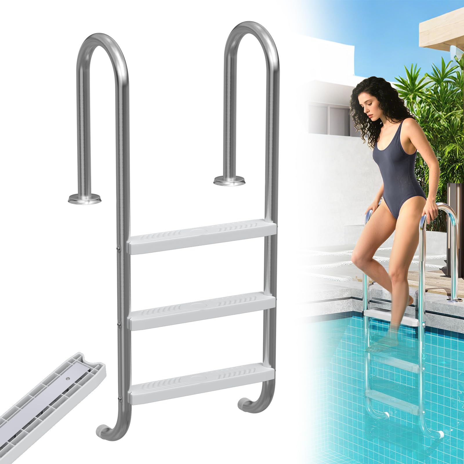 LZQ Escalera De Piscina De Acero Inoxidable Con 3 Peldaños Antideslizantes, Soporta Hasta 150 Kg, Para Piscina Y Jardín, 132 X 54 X 26,5 Cm