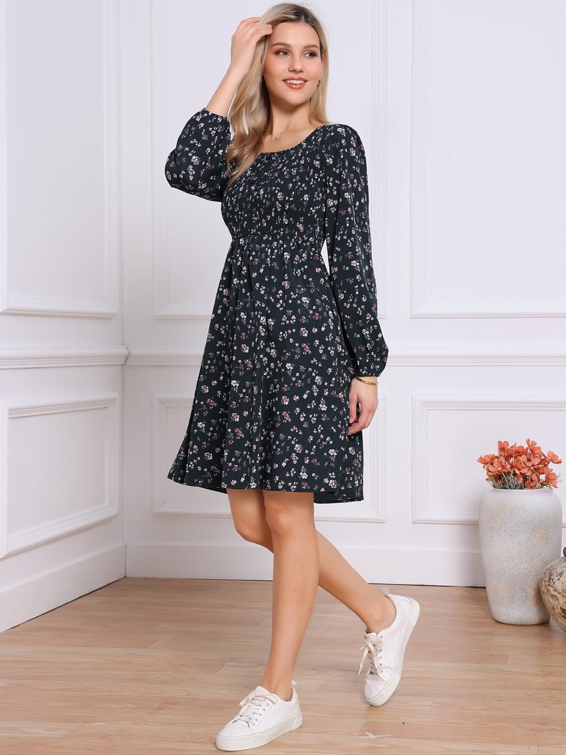 Allegra K Floral Dress for Women Smocked Square Neck Long Sleeve A-Line Flowy Casual Midi Fall Dress - Image 4