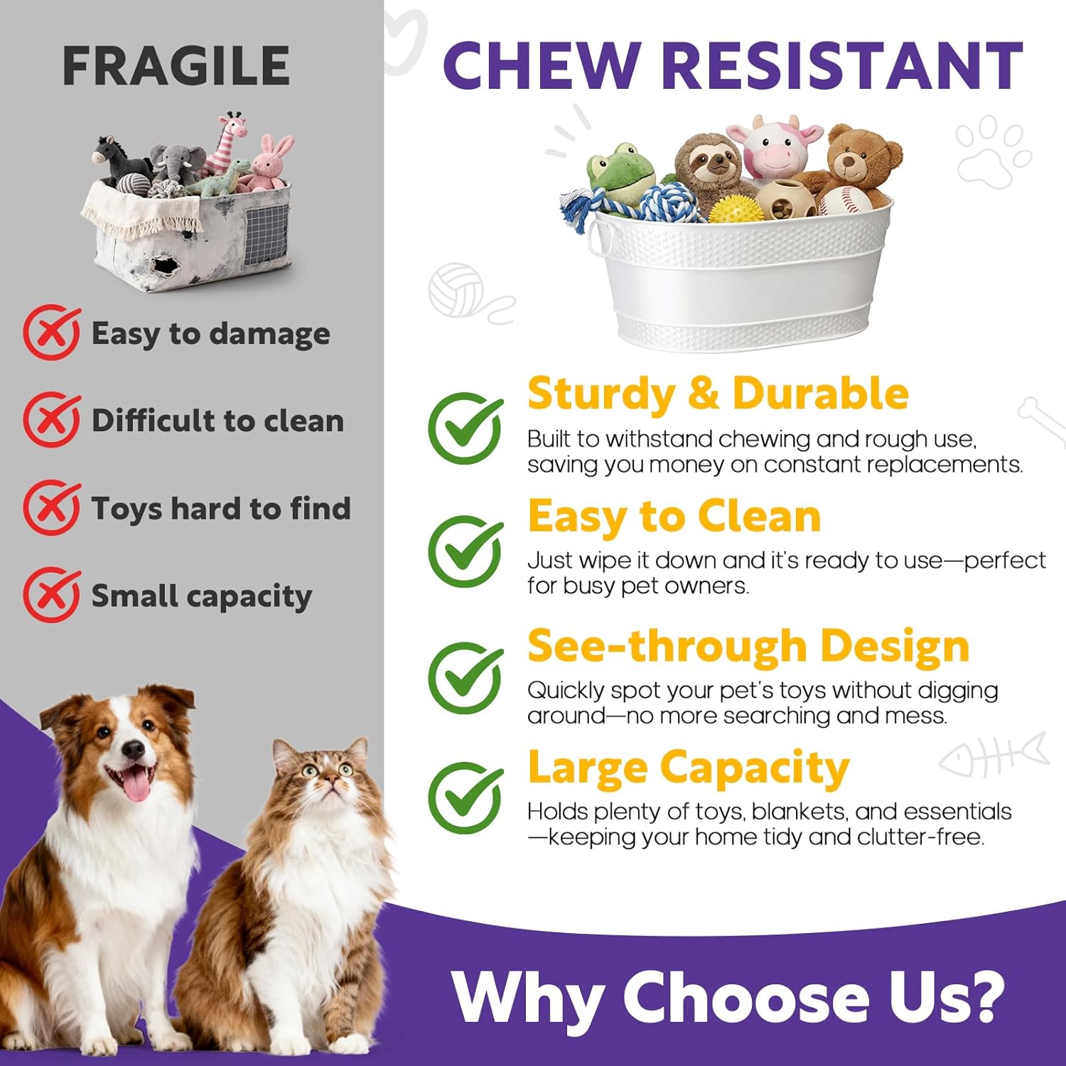 Indestructible Metal Dog Toy Bin: Pet Toy Storage Basket for Living Room Area, Sturdy Chew Proof Puppy Toy Box with Handle, Large Capacity 25-Quart (1 Pack, White, Oval)