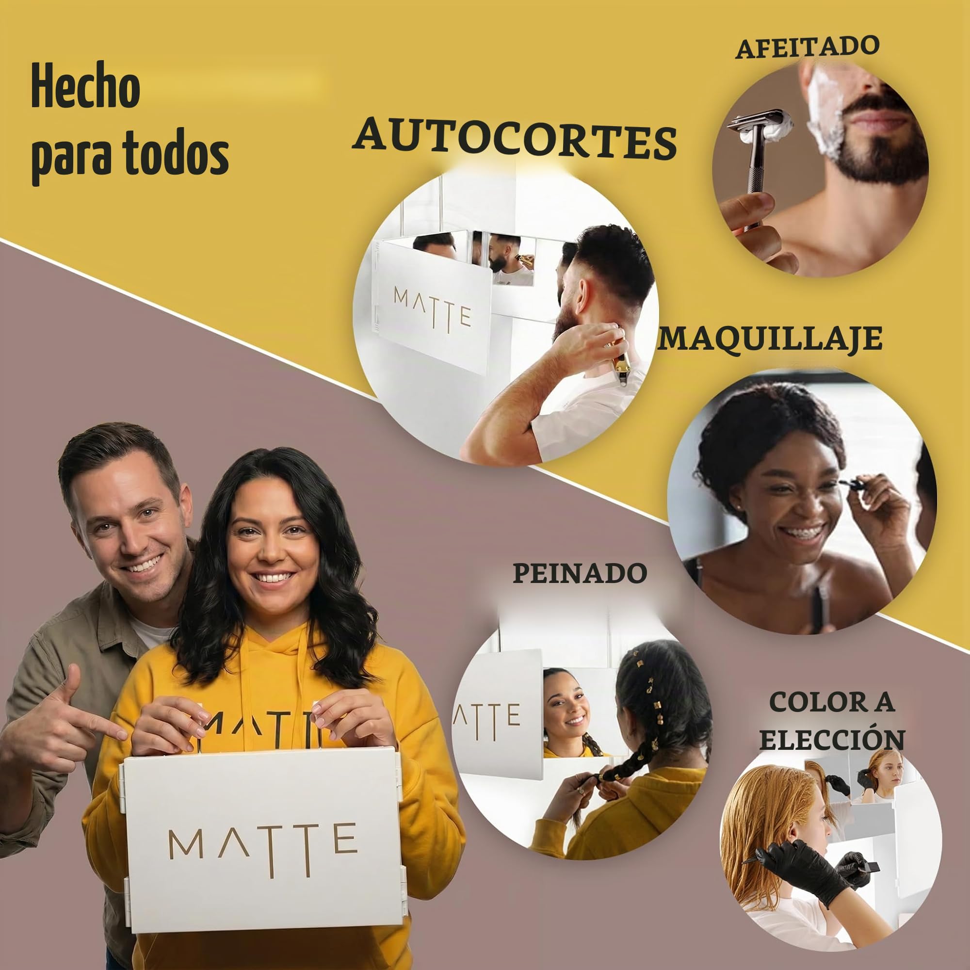 Espejo 360 grados para mujer con LED – Peinado y corte de cabello – Altura ajustable con ganchos – 3 caras plegables – Accesorio para cabello largo y mediano – Espejo tríptico iluminado