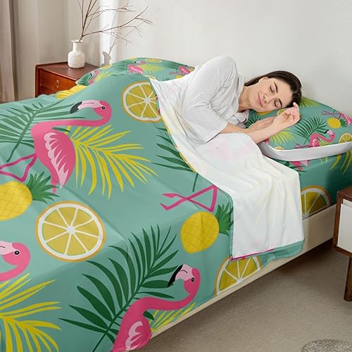 Miniatura 4 de Erisebridal - Juego de sábanas de flamenco rosa para niñas, hojas de palma tropical, hojas de palmera verde, sábanas planas de pino limón, plantas