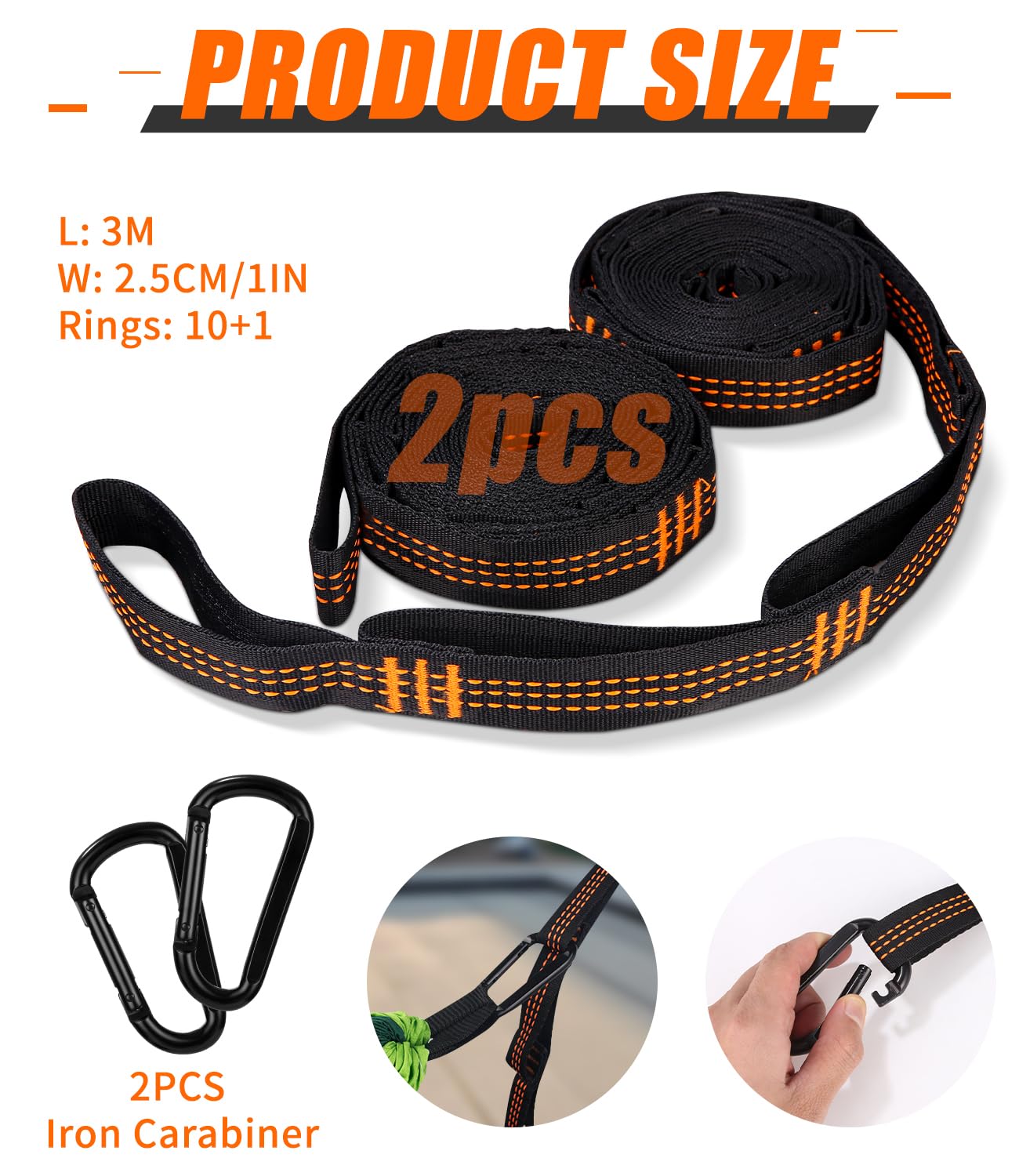 2 sztuki uchwytów do hamaków 3 m x 2,5 cm, z 10 pętlami, mocowanie hamaka z 2 karabińczykami + torba do przechowywania, uchwyt na huśtawkę kempingową maks. 300 kg