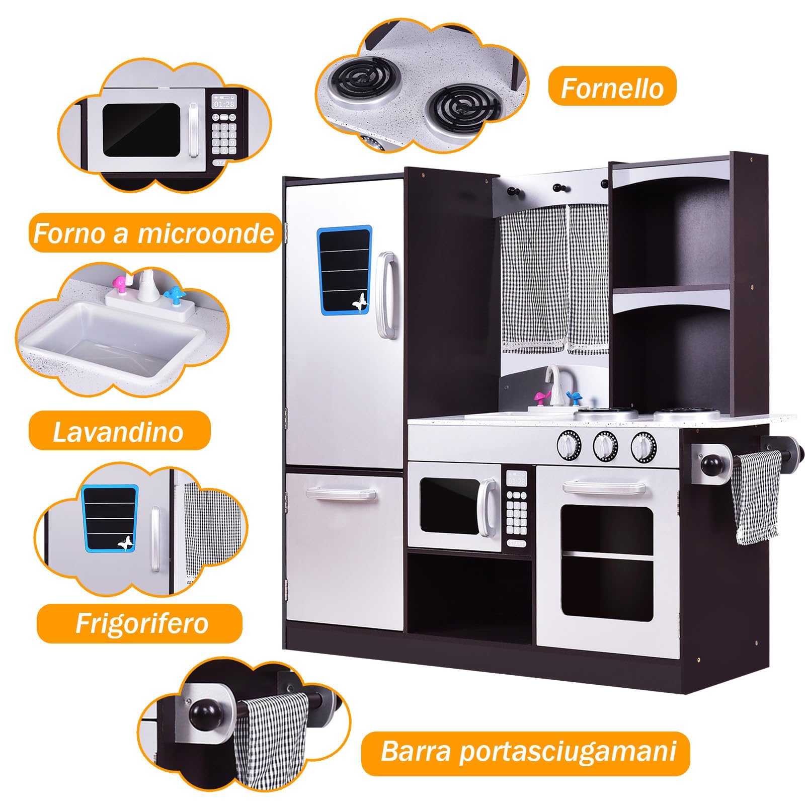 RELAX4LIFE Cucina Giocattolo in Legno per Bambini, Mini Cucina con Forno, Microonde e Frigorifero, Accessori Realistici, Natale/Compleanno