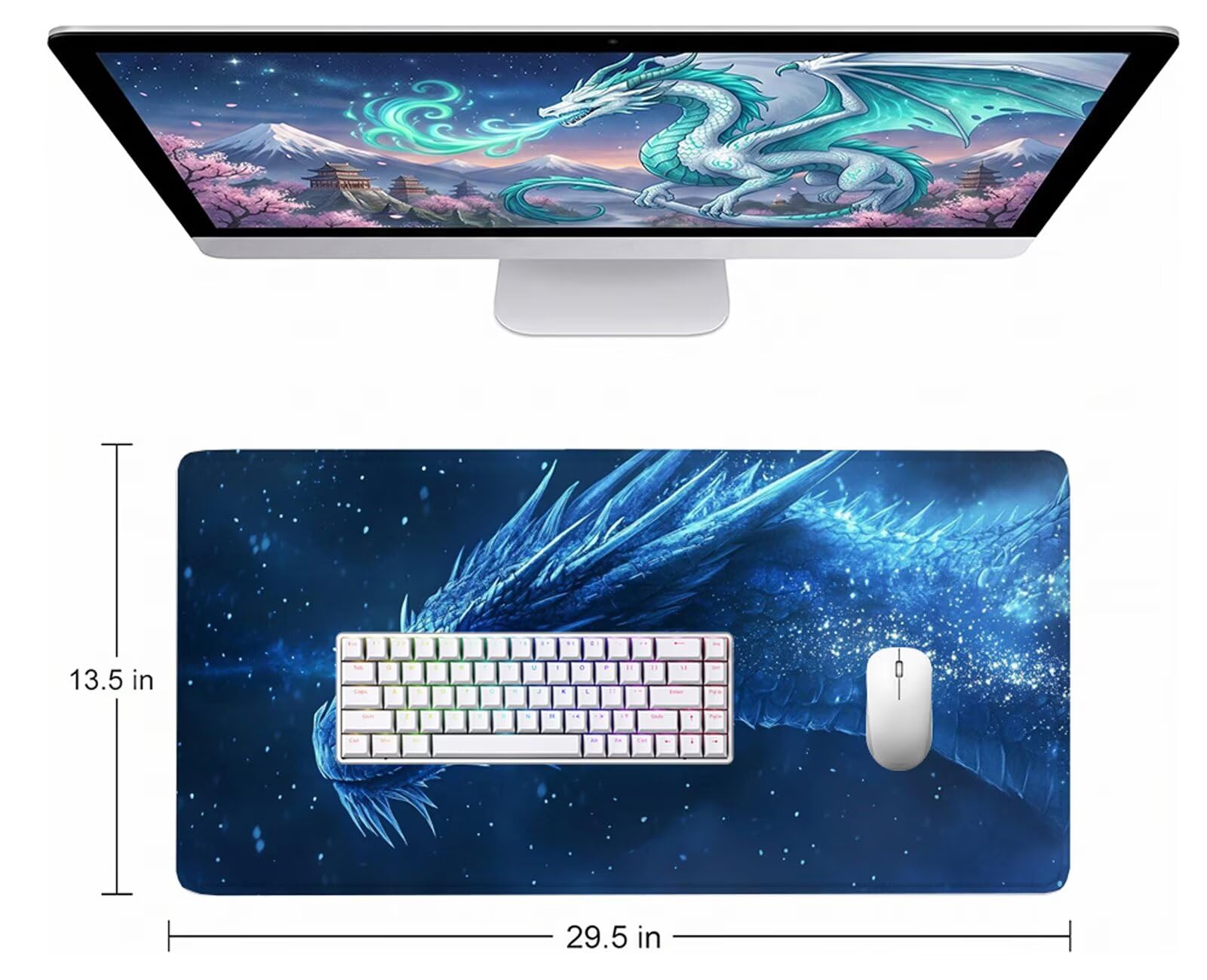 Tappetino Mouse Drago Tappetino Mouse XXL 150x80 cm Mouse Pad Blu Sottomano Scrivania Ufficio Grande, Mousepad Gaming Antiscivolo Impermeabile, Tappeto per Computer e Tastiera, Gamer, Regalo W6-883