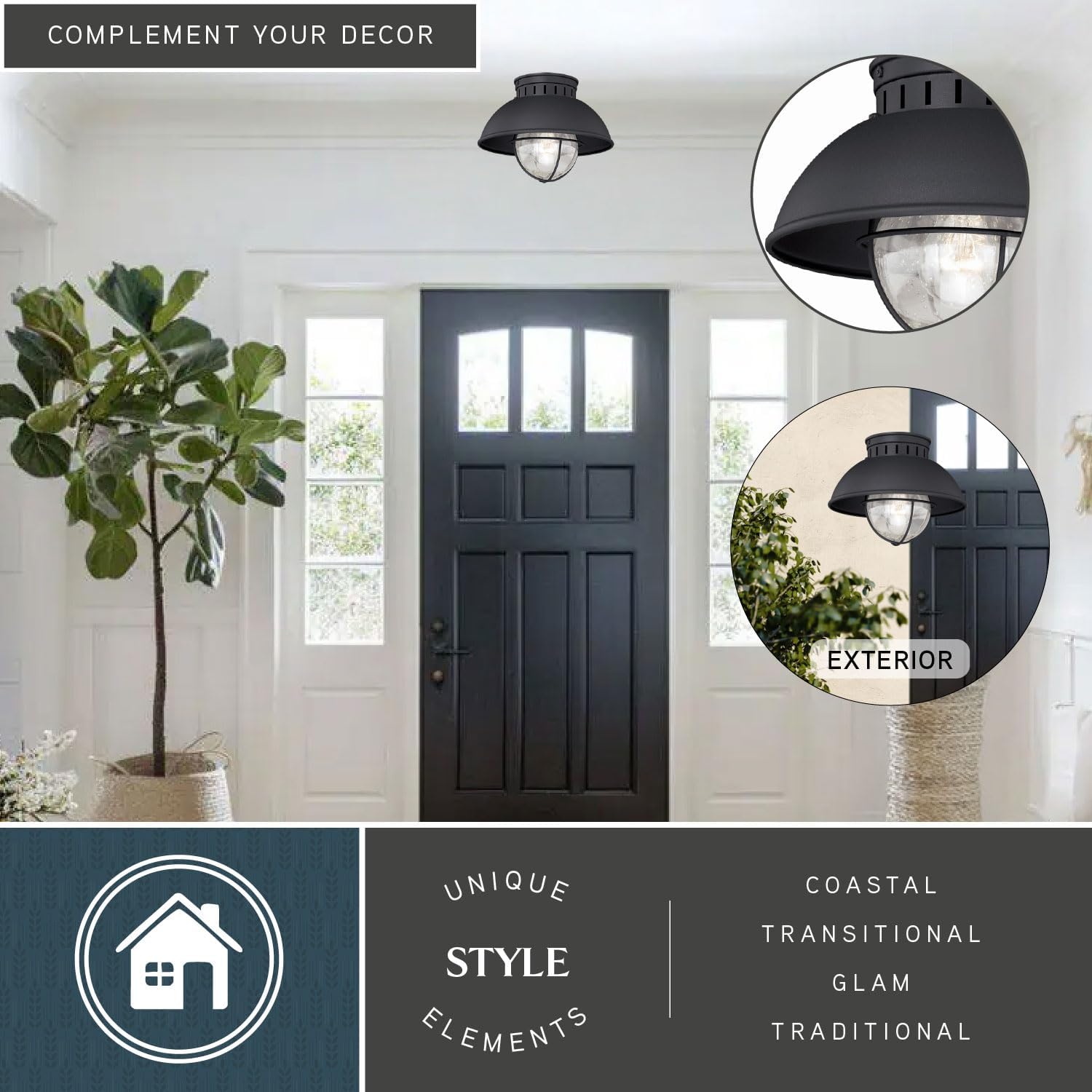 VAXCEL Harwich Black Coastal Barn Dome Outdoor Flush Mount Ceiling Light Clear Glass