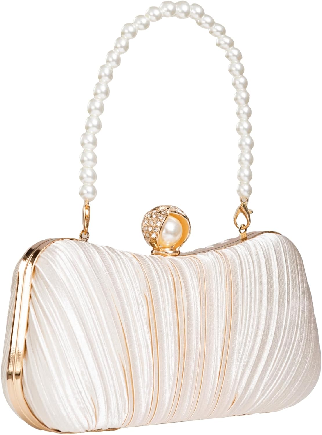 Women Elegant Pleated Satins Clutch Purse with Pearl Handle for Weddings Party and Night Outs with Detachable Chain Strap Champagne