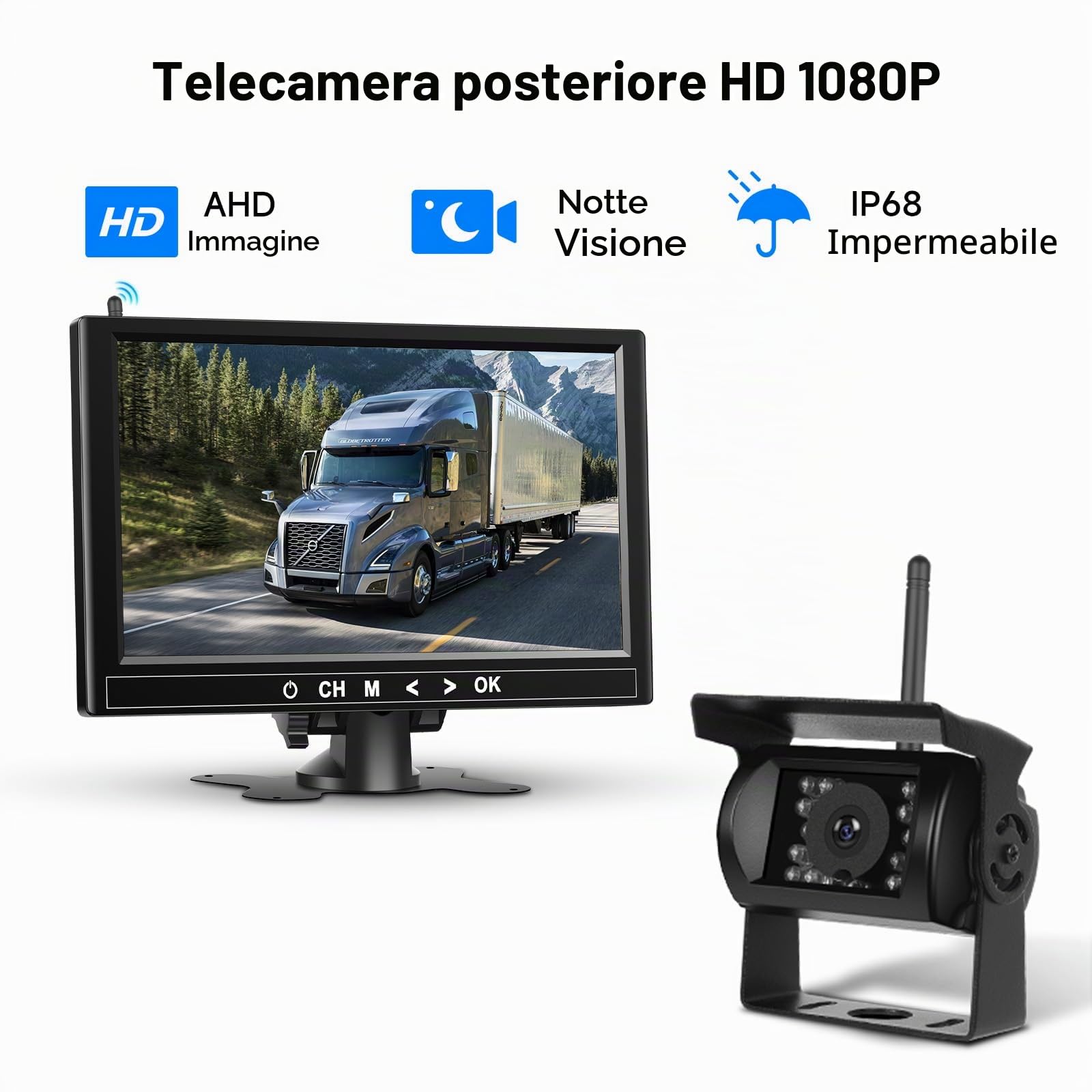 Kit di 4 telecamere posteriori 1080P HD senza fili, Podofo monitor LCD da 9 pollici con 4 telecamere di backup per rimorchio RV Camper Camion Auto Bus, rilevamento punti ciechi, linee guida, 12V-36V