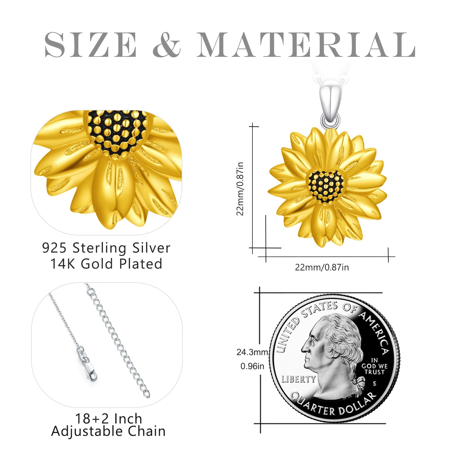 Collana da donna con girasole in argento Sterling 925, con ciondolo a forma di girasole dorato, idea regalo per donne