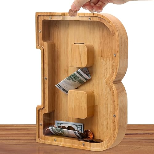 Alcancía de madera con letras para niños, niñas, adultos, 10 pulgadas, grande, 26 letras, irrompible, caja de dinero, caja de dinero personalizada