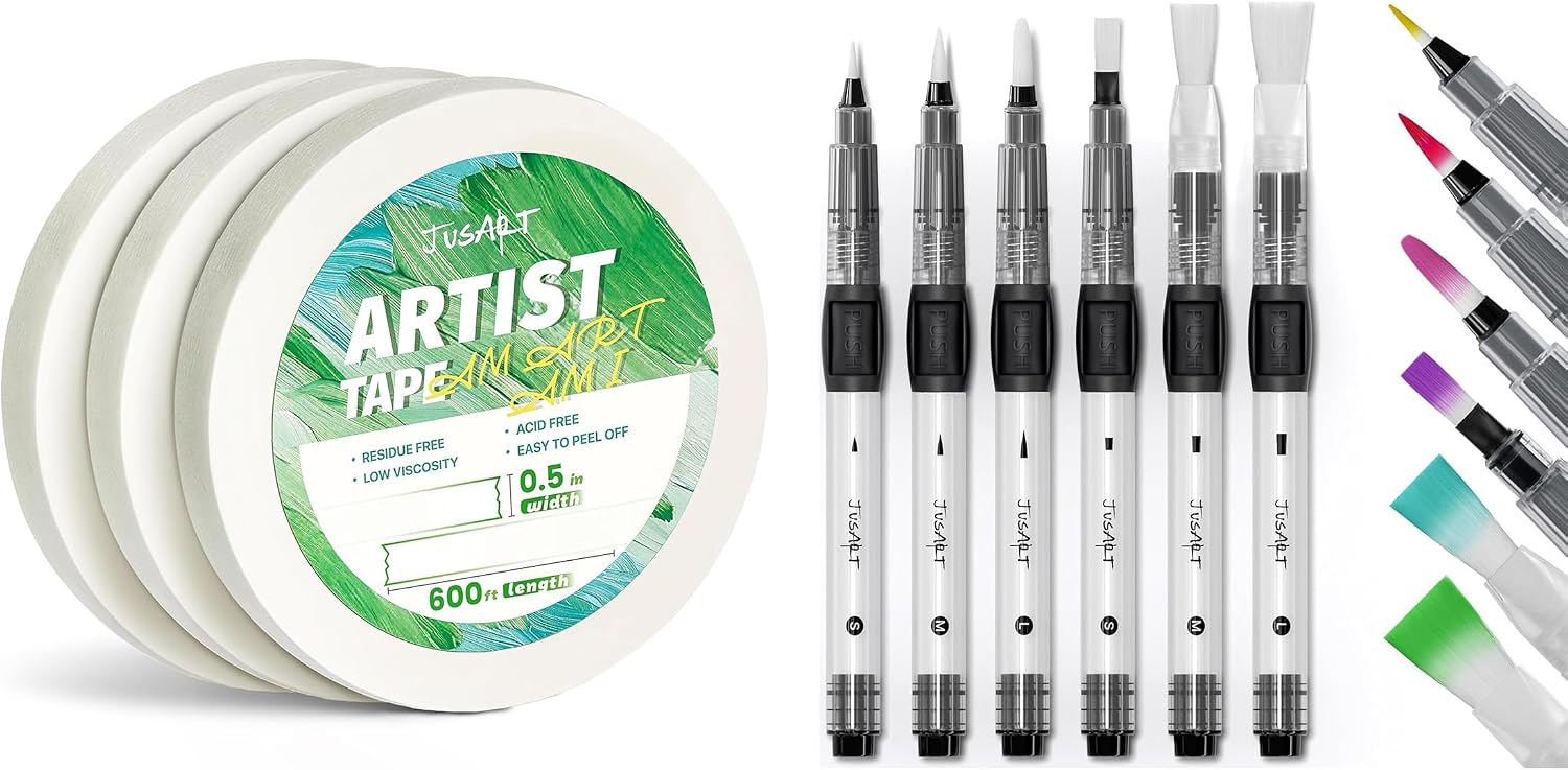 JusArt 6-Pack Water Brush Pens + 3-Pack 1/2 Inch Artist Tape for Watercolor Paper