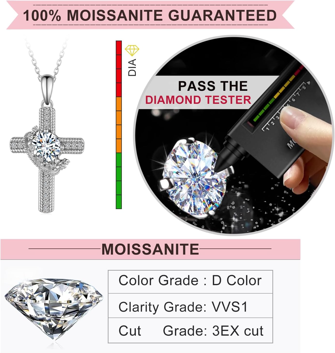Cross Moissanite Necklace 925 Sterling Silver Moissanites Necklace for Women Cross Pendant with Moissanite Stone Jewelry Gifts for Women - Image 5