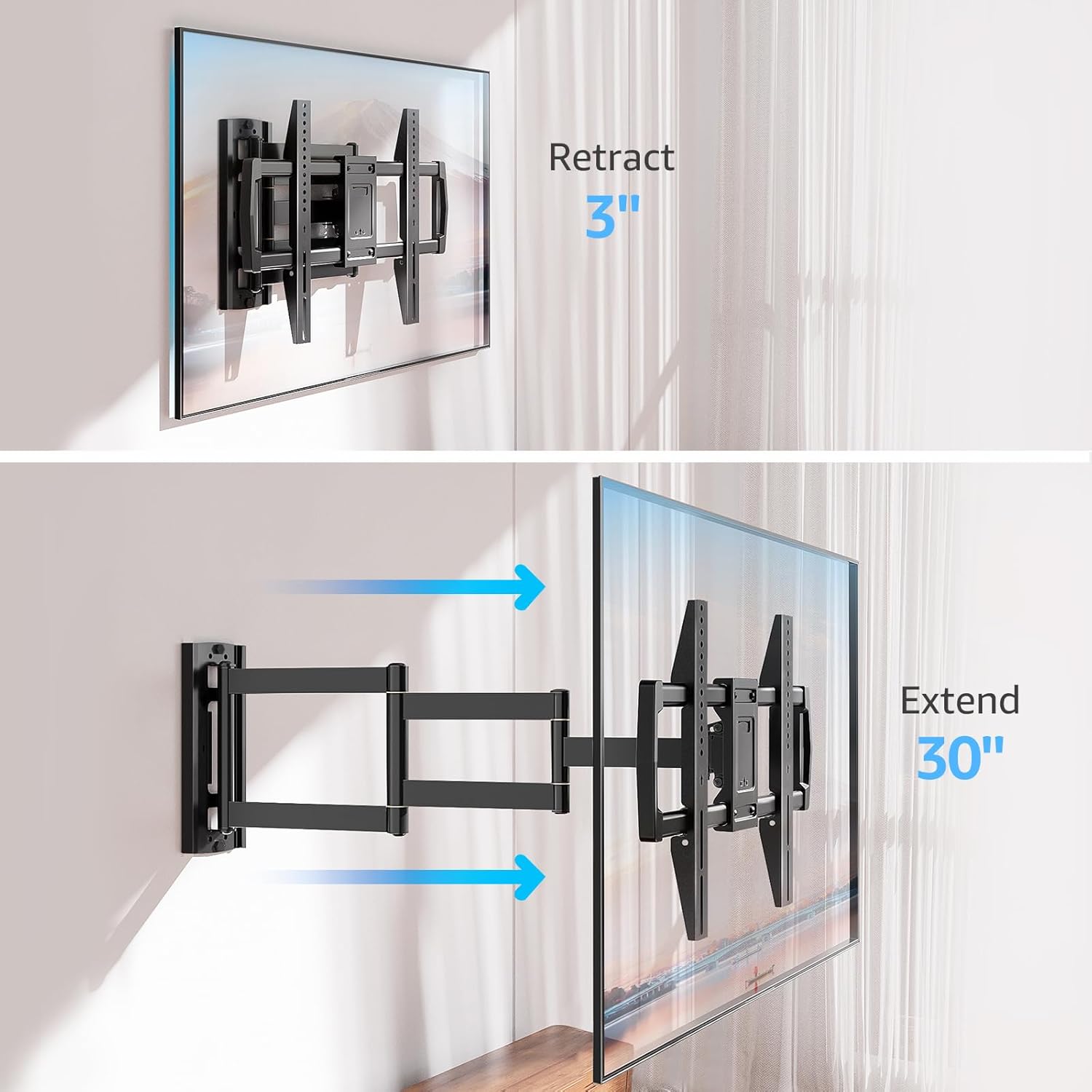 Image demonstrating the TV mount extending 30 inches and retracting to 3 inches from the wall.