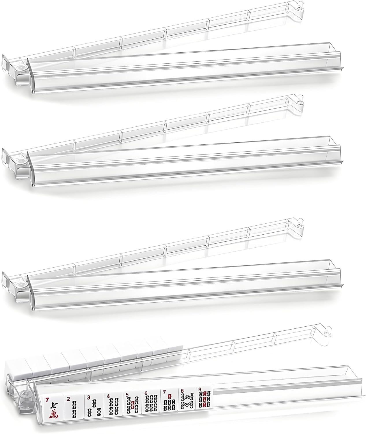 Mahjong Racks with Pushers, 4-Pack Clear Acrylic Integrated Tile Holders for American Mahjong (Clear)