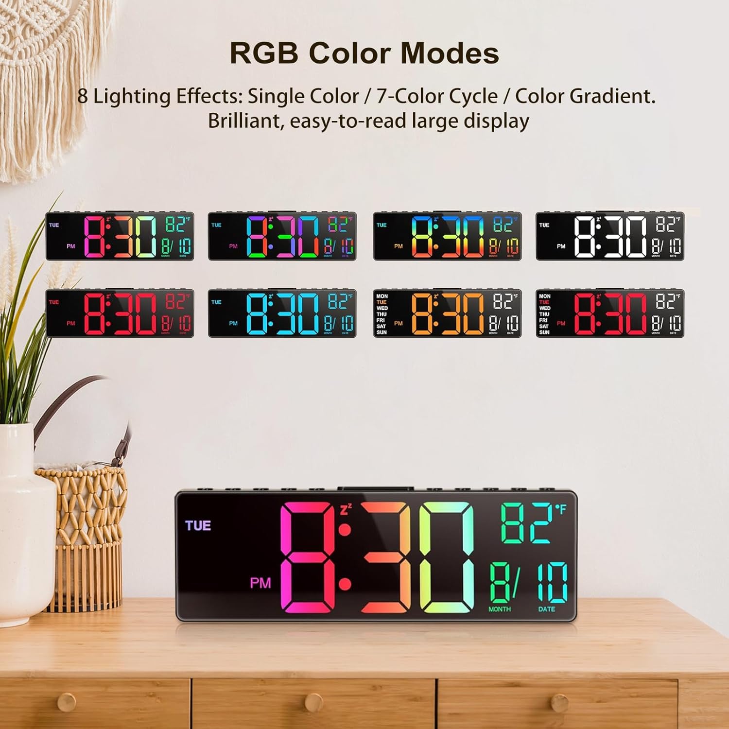HUO JI RGB Digital Clock displaying various RGB color modes