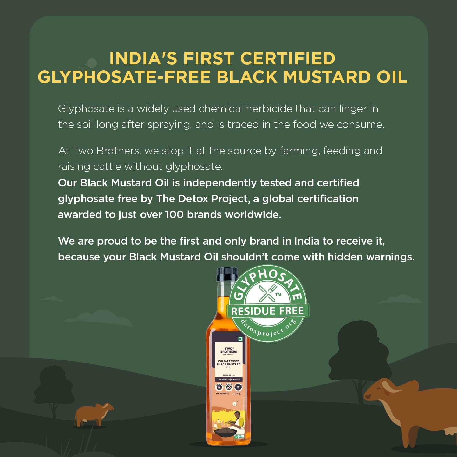 Two Brothers India Farms India's Only Certified Glyphosate Free Mustard Oil/Sarso Ka Tel (1L), Made Using Native Mustard Seeds | Cold-Pressed and Single-Filtered Oil for Cooking | Hexane-Free 3