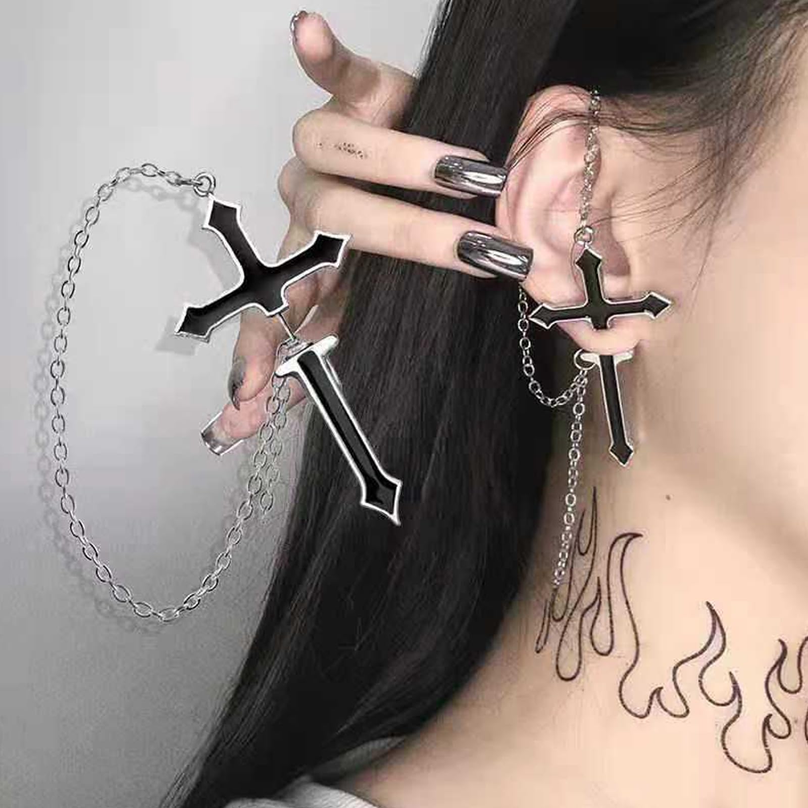 2 Piezas Punk Style Cross Stud Pendientes Moda Negro Escalador Cadena Colgante Colgante, Cadena Espada Vaina Pendientes de Hombres Muchachos Niños