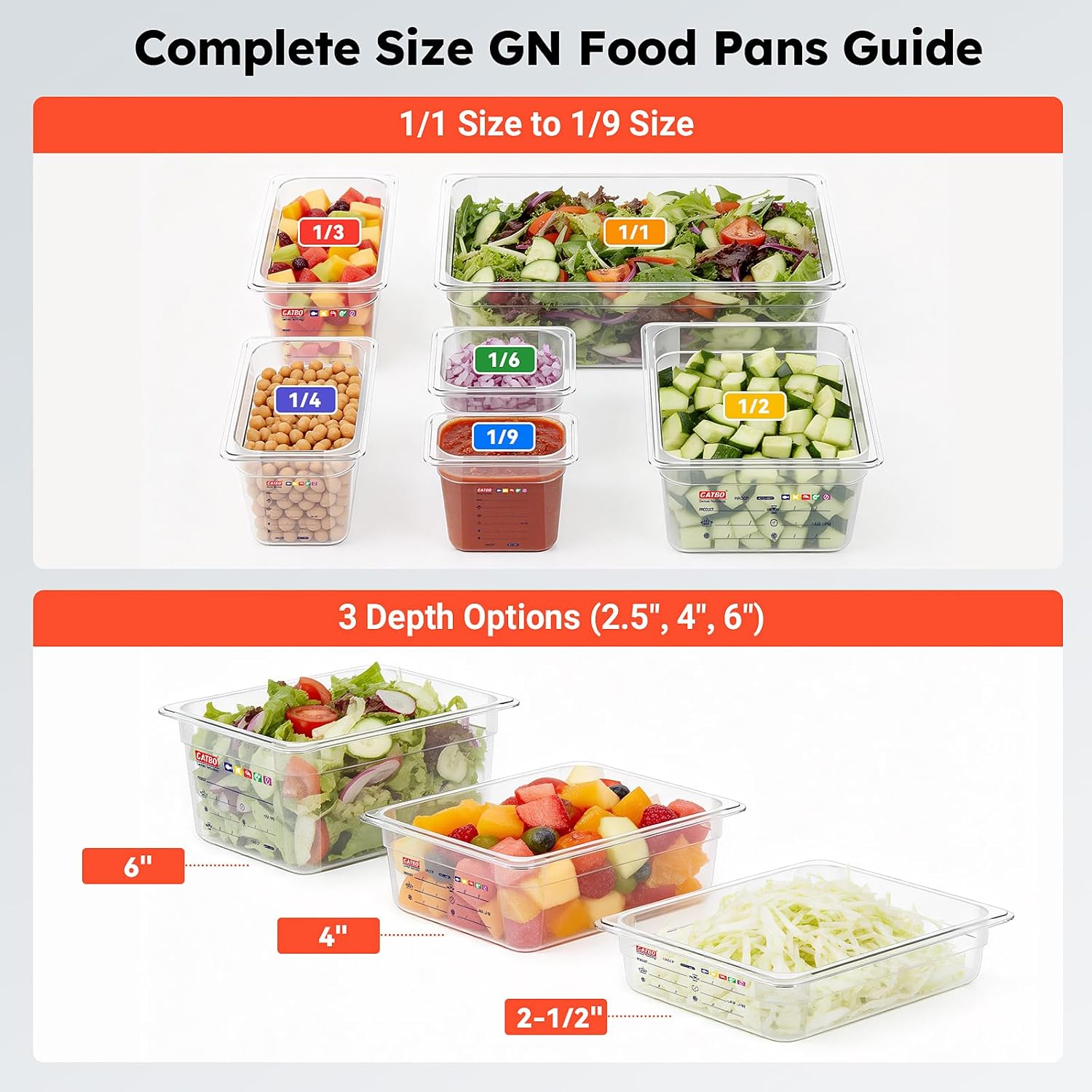 6 -Pack 1/9 Size 2.5" Deep Polycarbonate Food Pans, and Handled Lids Bundle