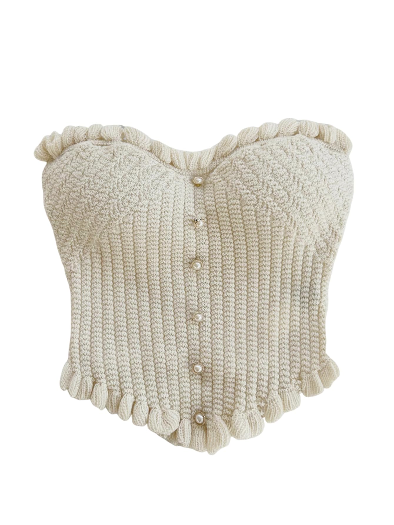 GORGLITTER Women's Pearl Tube Tops Strapless Beaded Seashell Tops Dressy Summer Ruffle Asymmetrical Knit Crop Top Trendy