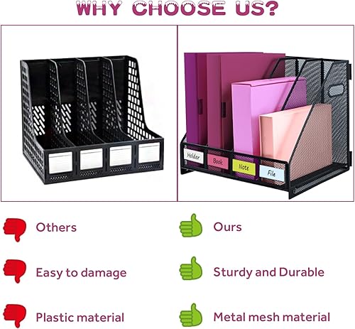 Miniatura 4 de Organizador de escritorio, soporte de archivo de revista de metal con 4 compartimentos verticales, organizador de archivos para suministros de