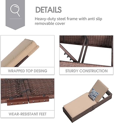 Miniatura 4 de JOIVI Tumbona para exteriores, sillas de mimbre para patio, piscina, tumbona reclinable de ratán con respaldo ajustable y cojín extraíble (gris