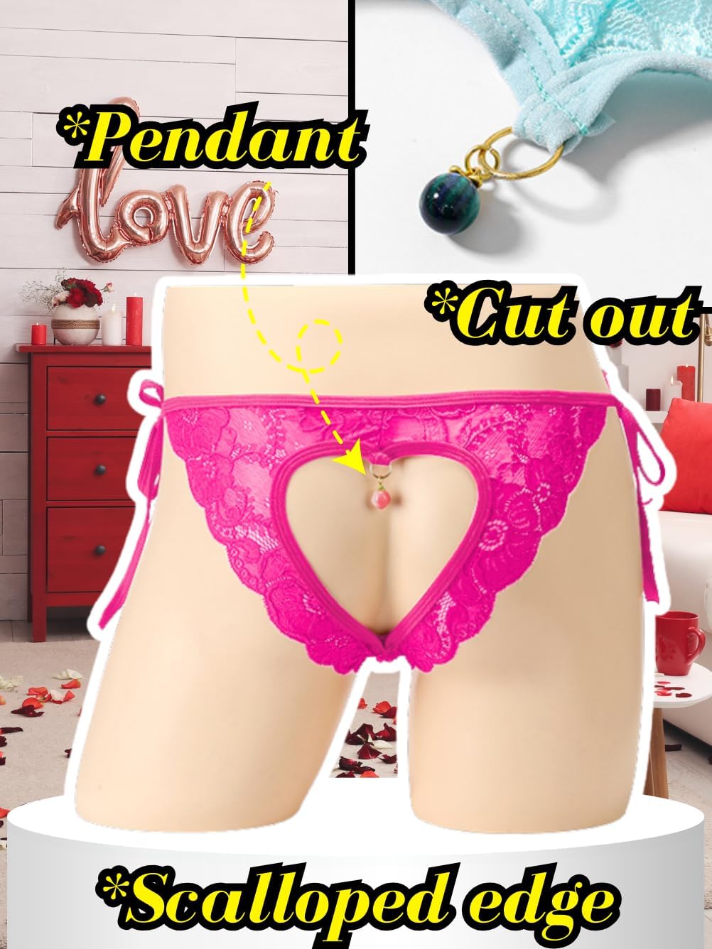 ChiaoLezhee Mens Heart Cut-Out Sissy Panties, Floral Lace Pendant Pearl, Sexy Femboy Lingerie, Low Rise One Size for 26-36