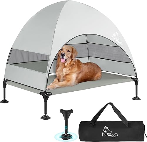 Cama elevada mejorada para perros con toldo, cama elevada portátil para perros al aire libre con pies antideslizantes estables, cama para mascotas