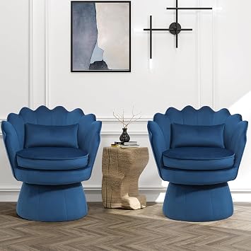 ZJhome 360 Swivel Accent Chairs Set of 2, Mid-Century Modern Velvet Barrel Chair, Comfy Shell Shape Arm Chair with Lumbar Pillow for Living Room, Bedroom, Office, Dark Blue