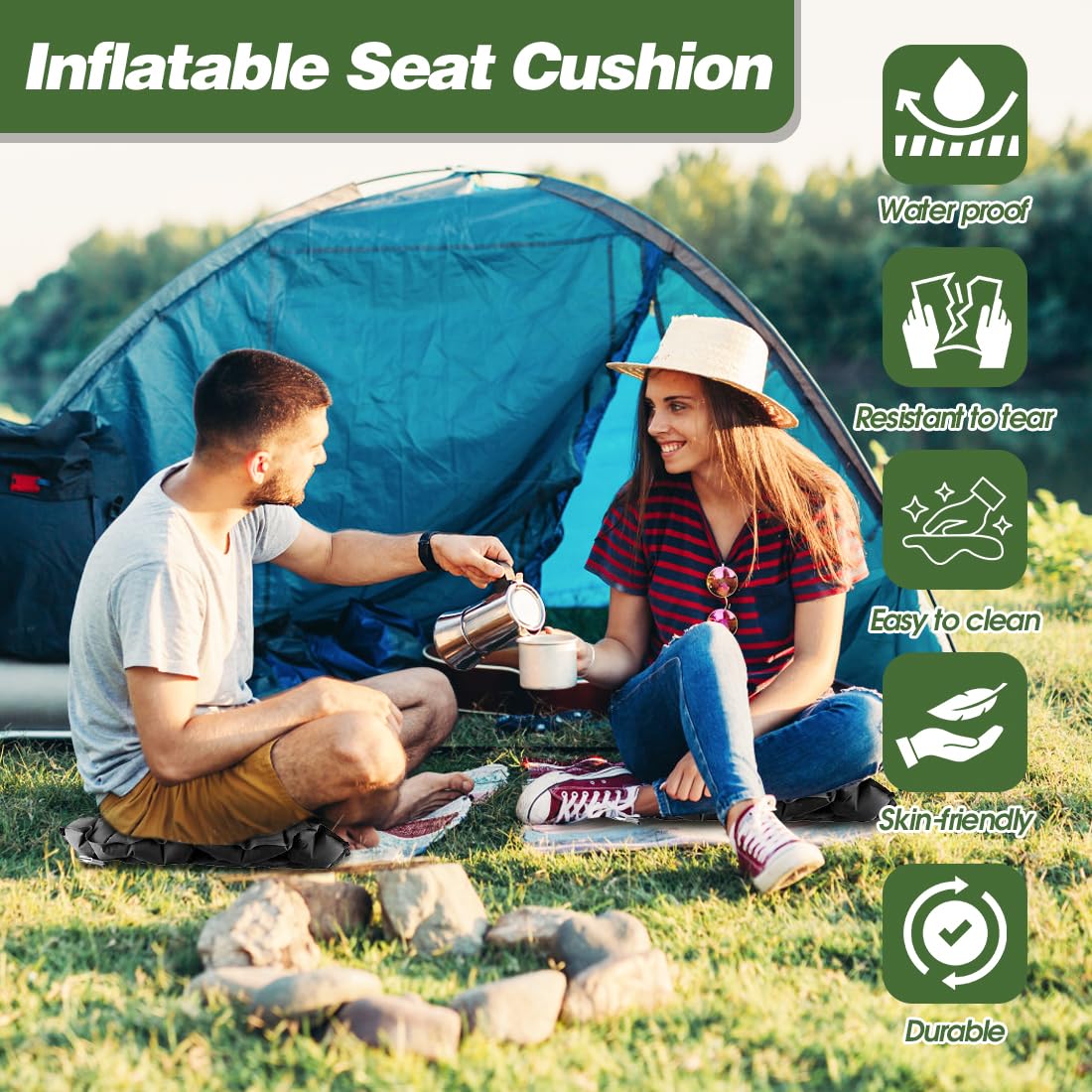 Aufblasbares Camping Sitzkissen,Wasserdicht Luftkissen, Ultraleicht Outdoor Sitzmatte Tragbares Reisekissen, Faltbar Reise Sitzkissen für Strand, Wandern, Angeln, Bootfahren, Hause und Büro (Schwarz)