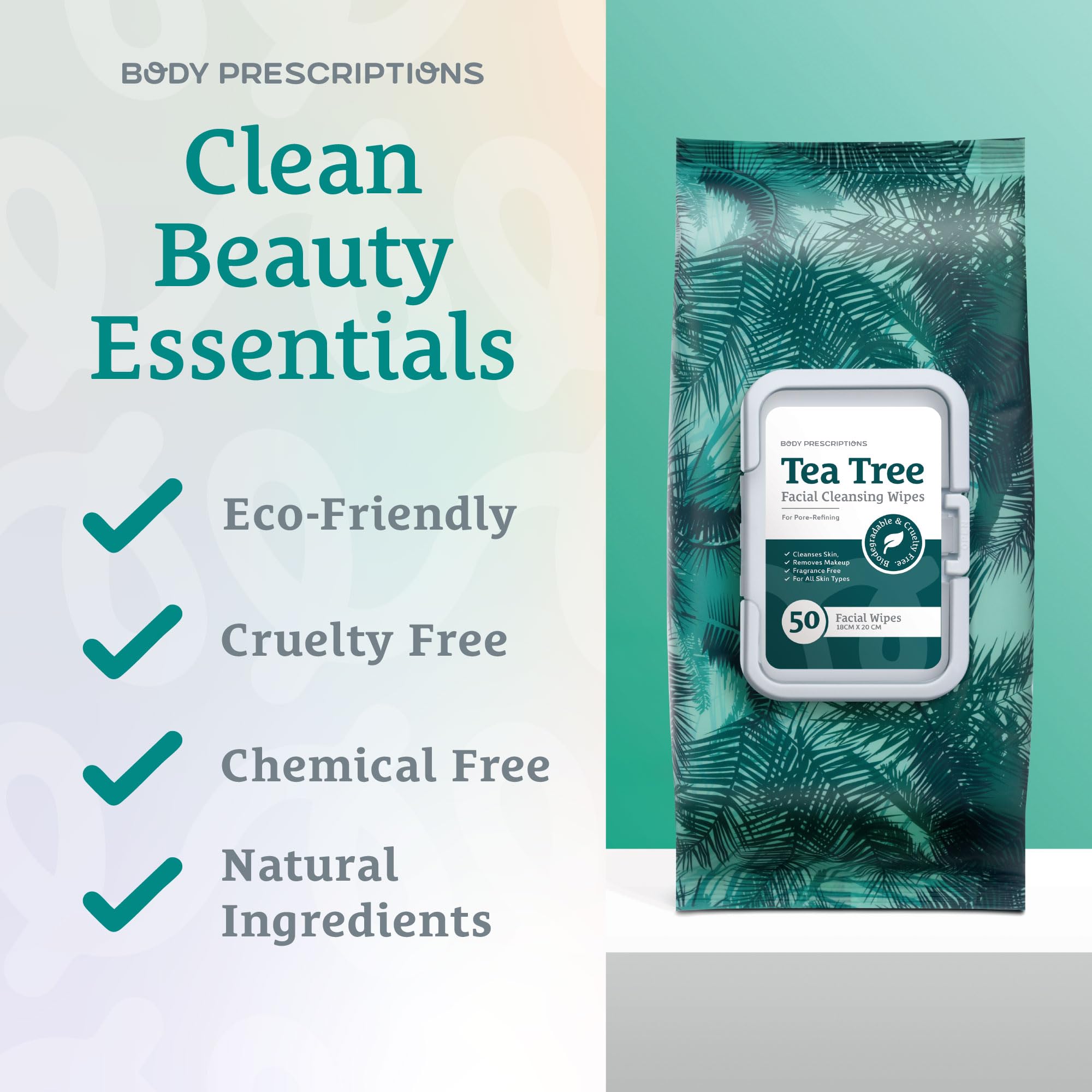 Body Prescriptions - 2 Pack (60 Count Each) Tea Tree Facial Cleansing, Pore Refining Wipes