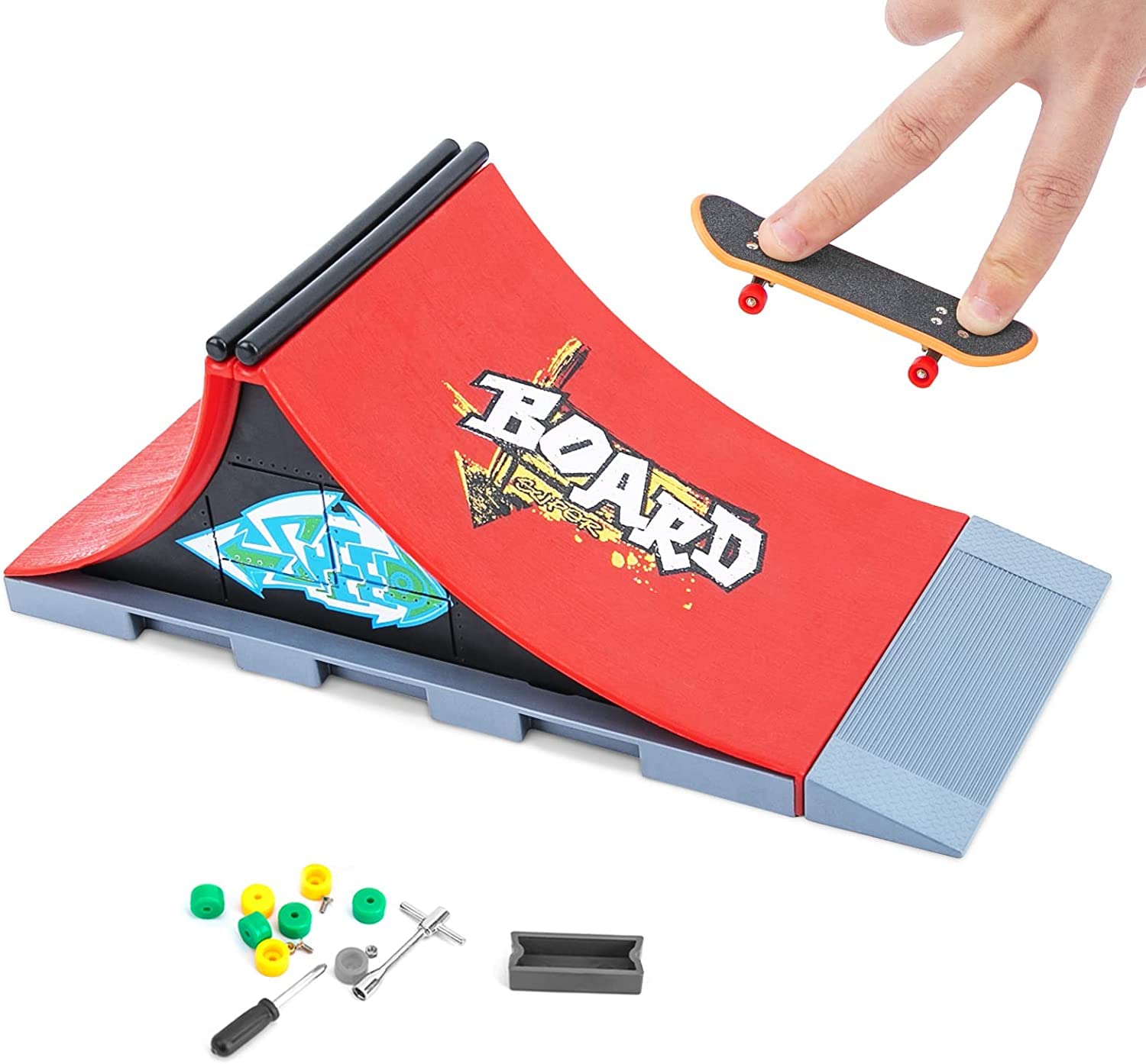 Fingerboard Ramp Set, Mini Finger Skateboards Toy, Fingerboard Half Pipe Ramp for Fingerboards Training Props, Interactive Freestyle Skate Game, Finger Skateboards for Kids Adults