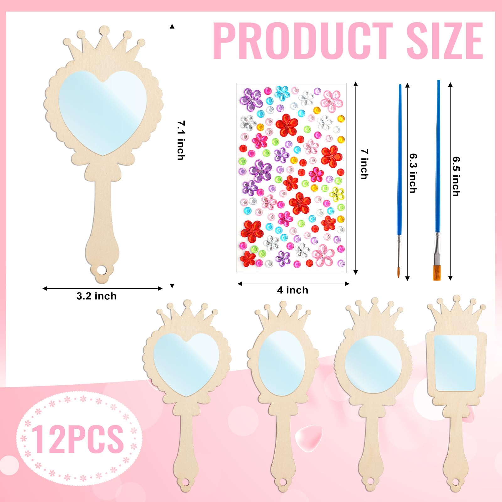 XJWWHZ 12 Pack Wooden Mirror Craft for Kids, DIY Princess Mirrors for Girls, Paint Wooden Hand Mirror for Art Activities