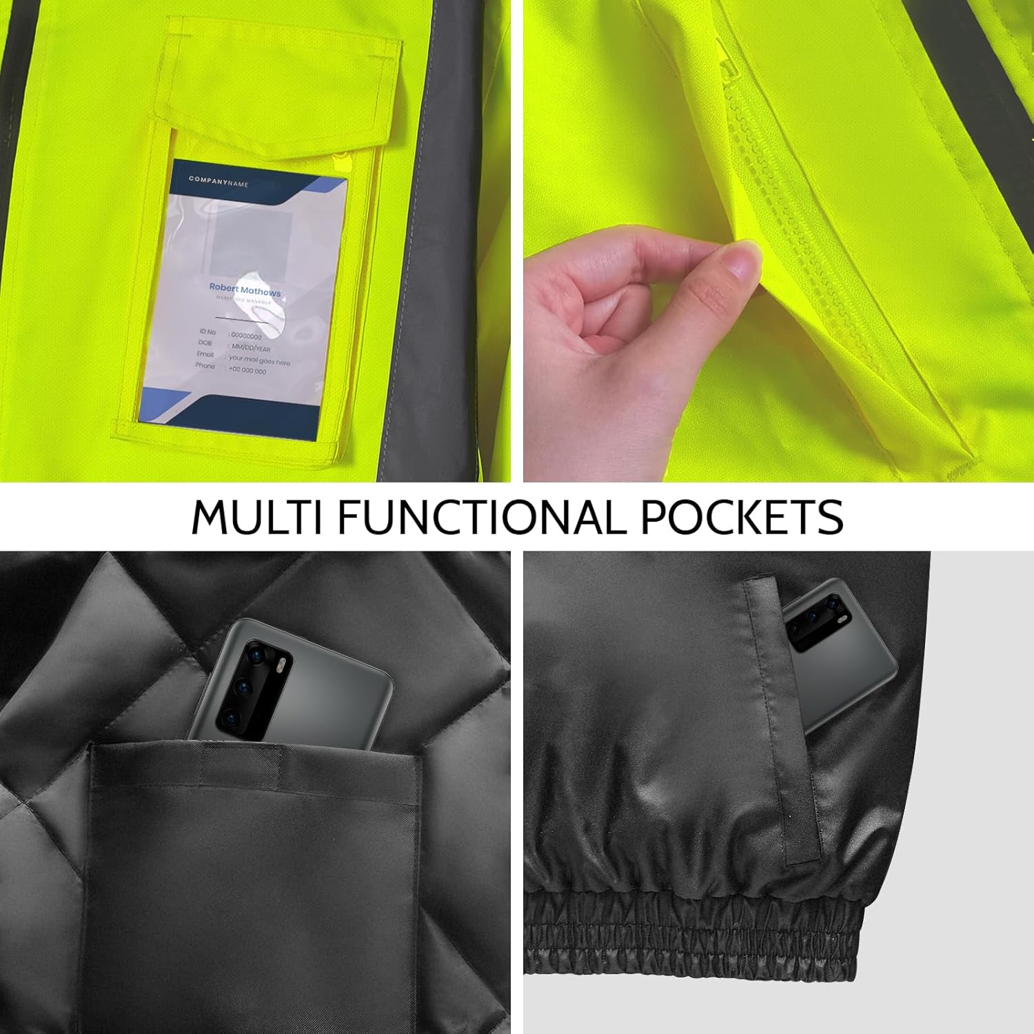 Reflective Jackets, Safety Jacket with Pockets for Men& Women, Construction Coats for Cold Weather, Waterproof High Vis Rain Gear, Class 3, Yellow-Black, S - Image 2