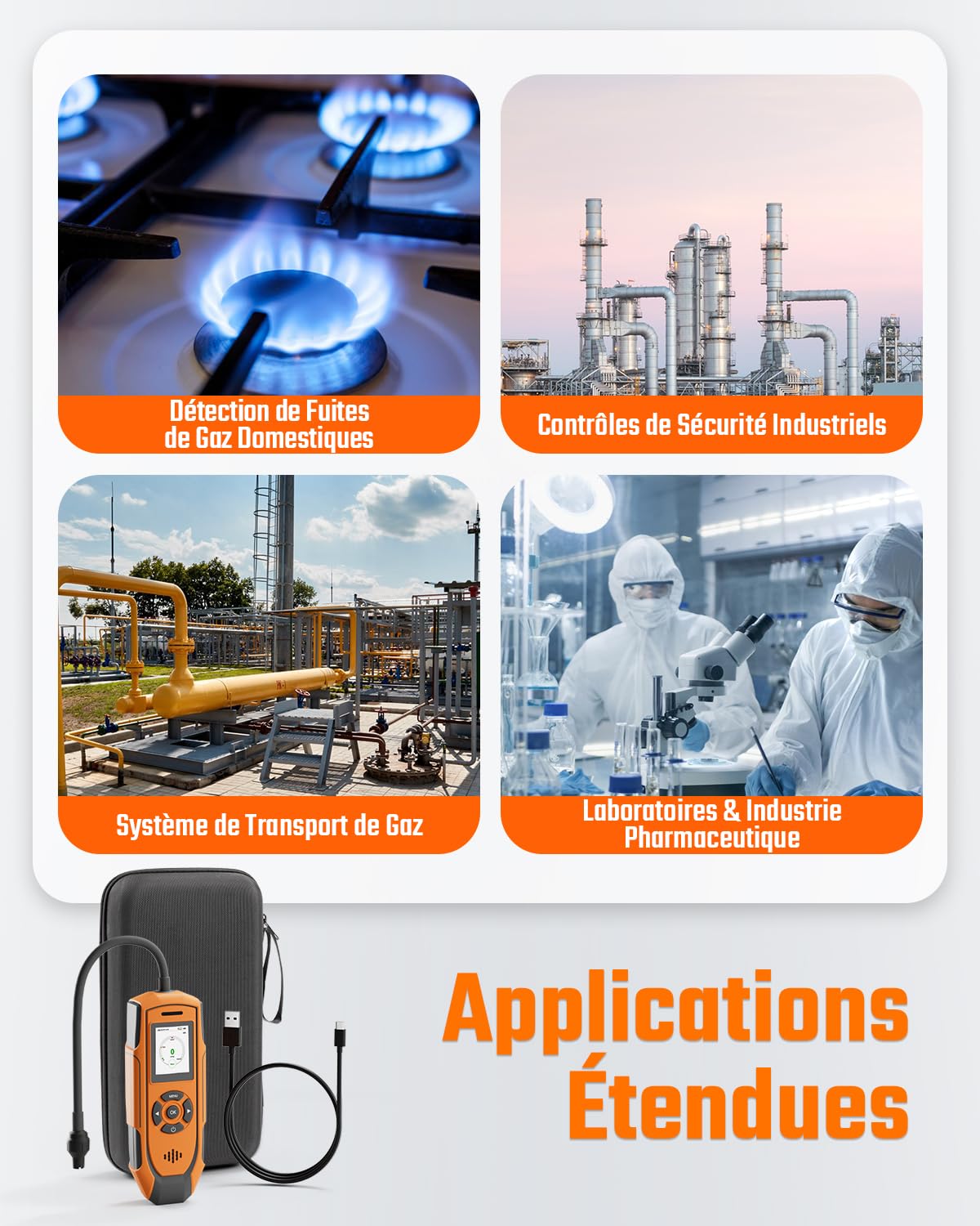 TopTes Détecteur de Gaz Rechargeable PT-990 avec Une Sonde de 28 cm, Plage 0–10 000 ppm, Enregistrement des données et 3 Types d’Alarme, Détecteur de Fuite de Gaz pour Propane, méthane - Orange