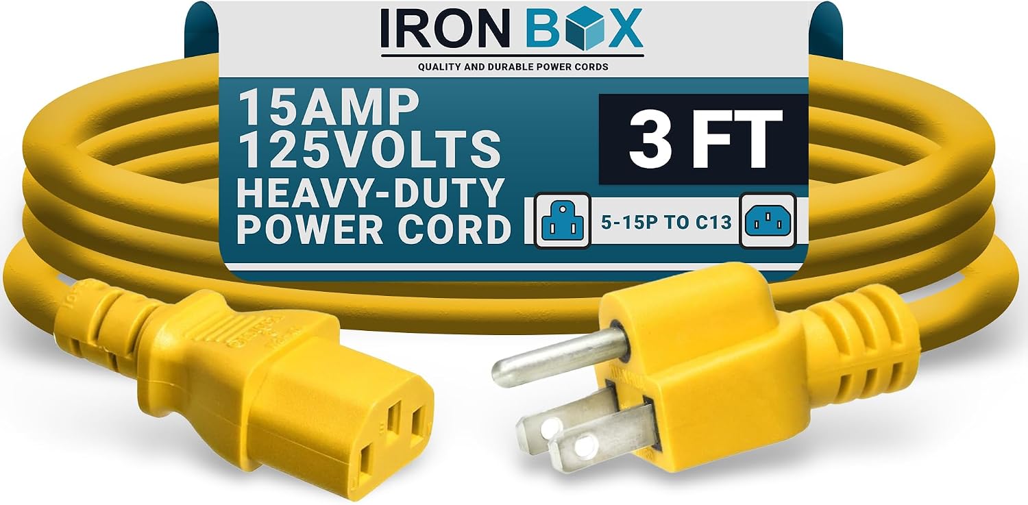 IronBox Electric - Heavy-Duty 5-15P to C13 Power Cord - 3 Prong 15A 125V 14/3 SJT PC Cable - Cord for Computer, Monitor, Subwoofer, Amplifier - Cable for Power Supply - (Yellow 3 Foot)