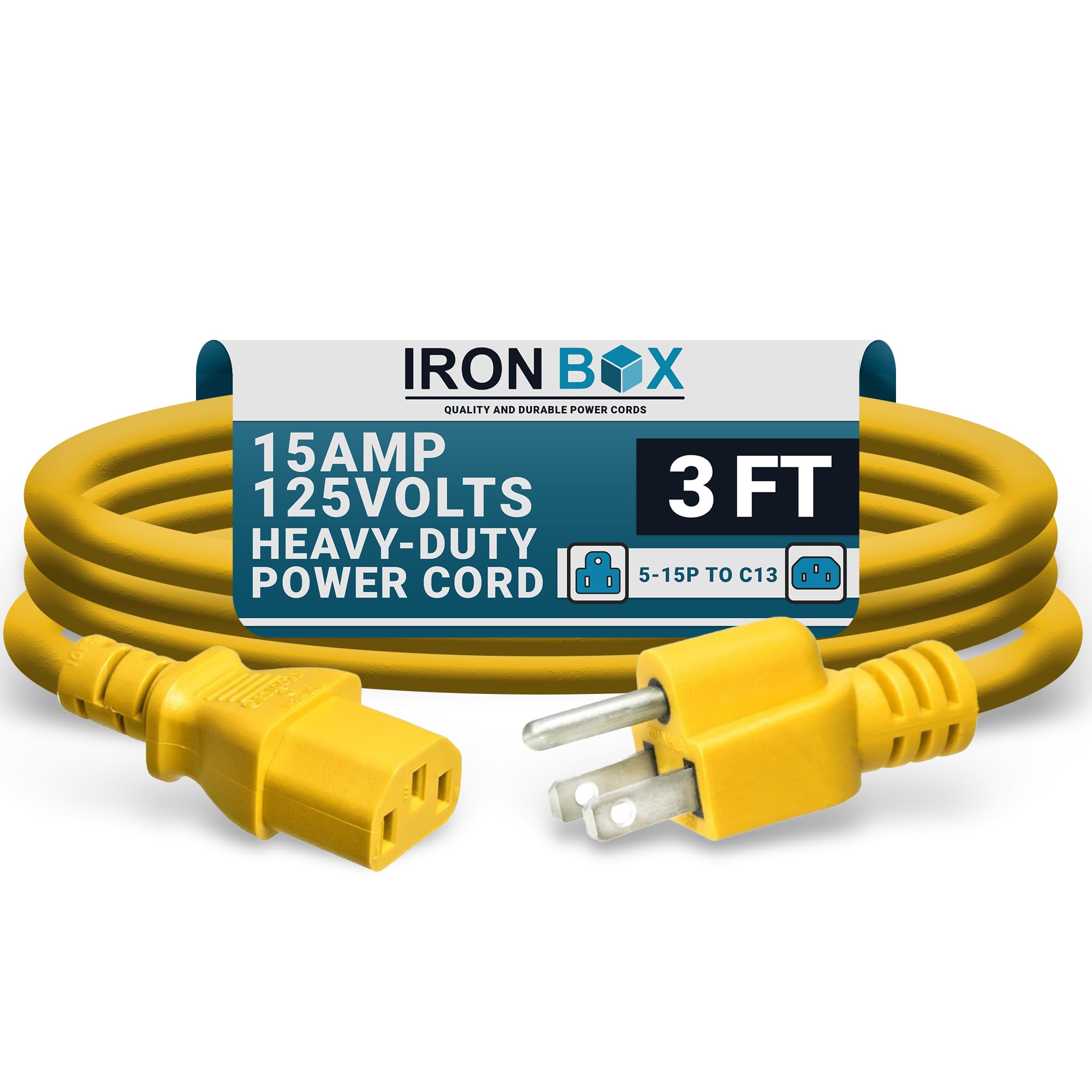 IronBox Electric - Heavy-Duty 5-15P to C13 Power Cord - 3 Prong 15A 125V 14/3 SJT PC Cable - Cord for Computer, Monitor, Subwoofer, Amplifier - Cable for Power Supply - (Yellow 3 Foot)