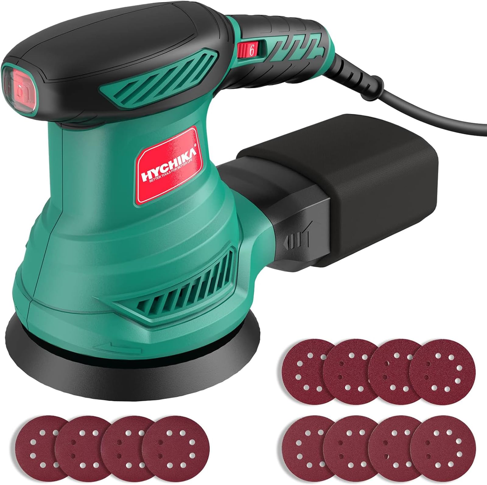 HYCHIKA BETTER TOOLS FOR BETTER LIFE 300W Orbital Zımpara Makinesi, Elektrikli Zımpara Makinesi 6 Hız 13000RPM, 12 ADET 125mm Zımpara Kağıdı (240/120/80 Kum), Ahşap ve Metal Zımparalama için Yıkanabilir Çekme Cebi ile