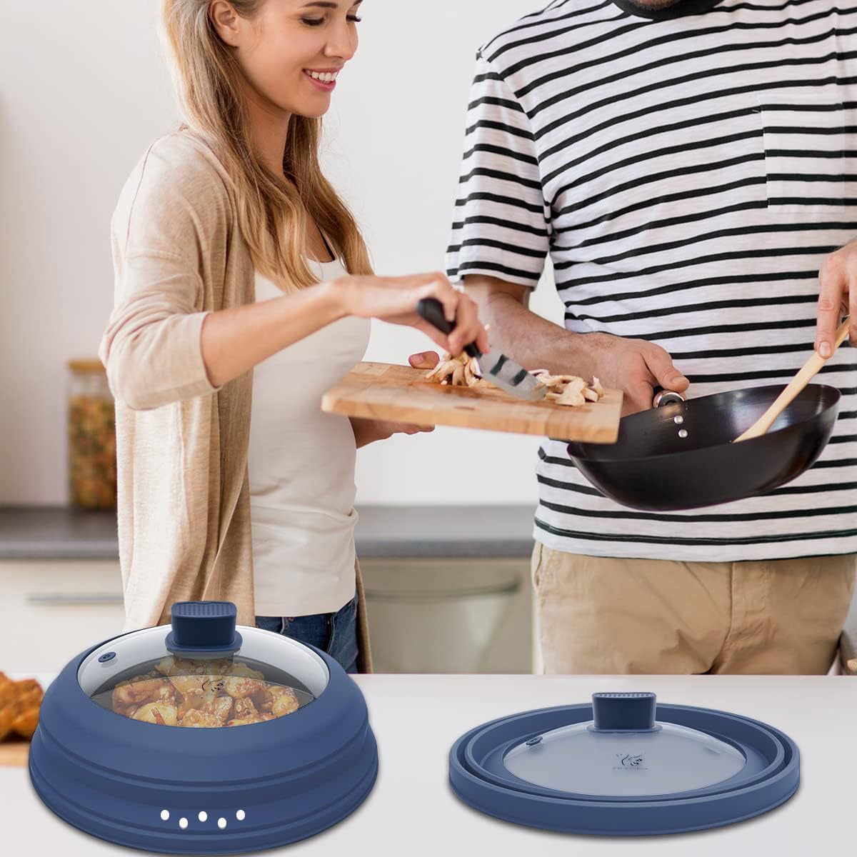 Microwave Splatter Cover Glass Guard Lid with Collapsible Silicone for Food Pot Plate Cover 9.8 inch Dark Blue