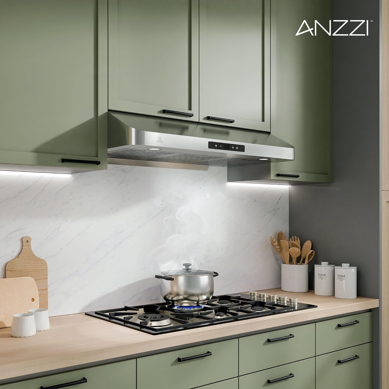 ANZZI Under Cabinet Range Hood 600 CFM, Ducted Kitchen over Stove Vent, Washable Baffle Filter, LED Lights & Stainless Steel (36 Inch)