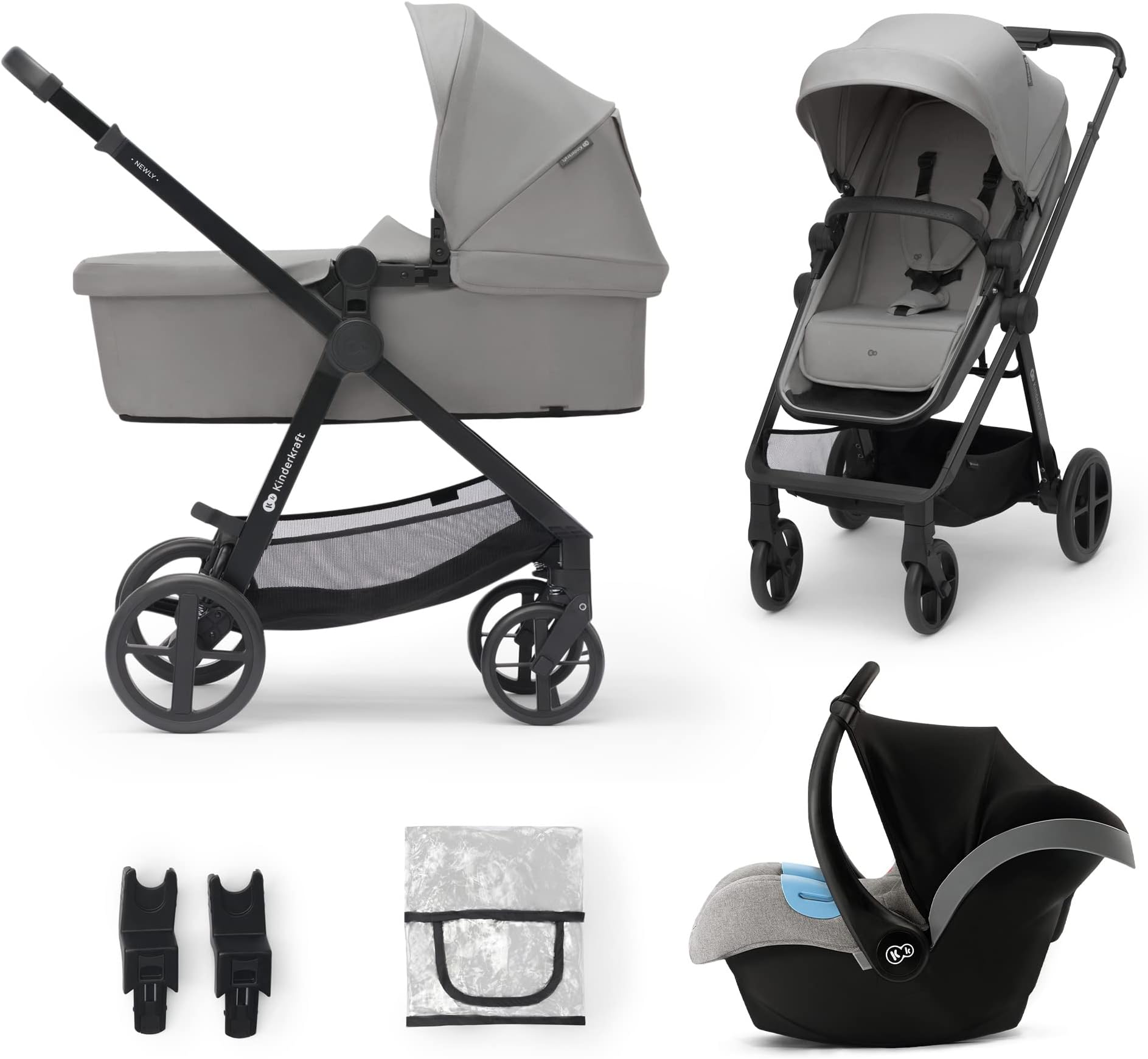Kinderkraft Newly 3 in 1, Stroller, Pushchair for Toddlers, Pram, Newborn Baby, Large Hood, with Accessories, Easy Folding, Included Car Seat, Shock Absorbtion, from Birth up to 22 kg, Gray