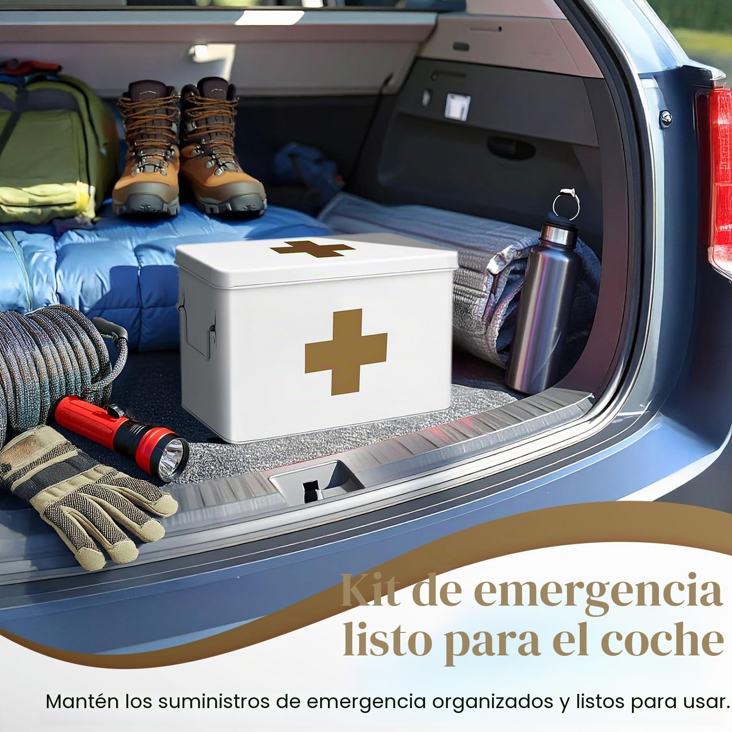 Flexzion Caja organizadora de primeros auxilios para medicamentos, kit de suministros – Caja de almacenamiento vacía de metal blanco de 13 pulgadas con bandeja extraíble con cruz dorada, cajas