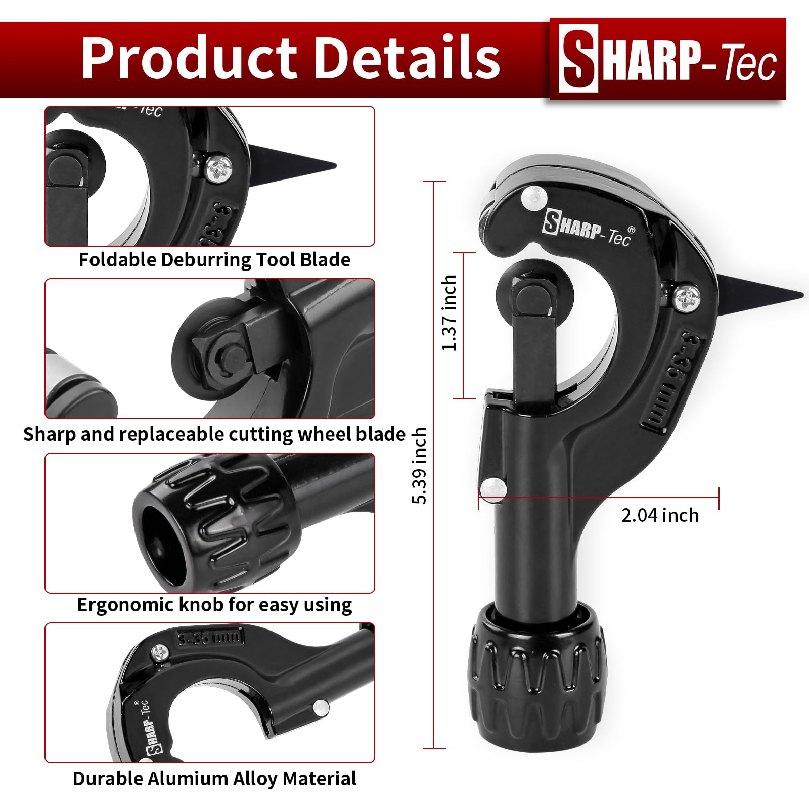 Sharp-tec 3-35mm Pipe Cutter, Adjustable Tube Cutter with Aluminum Alloy Body - Image 3