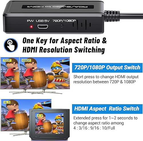 Miniatura 2 de Convertidor RCA Svideo a HDMI, soporte 4 316 interruptor de relación de aspecto 9, interruptor de salida HDMI 720P1080P, convertidor S-video AV RCA