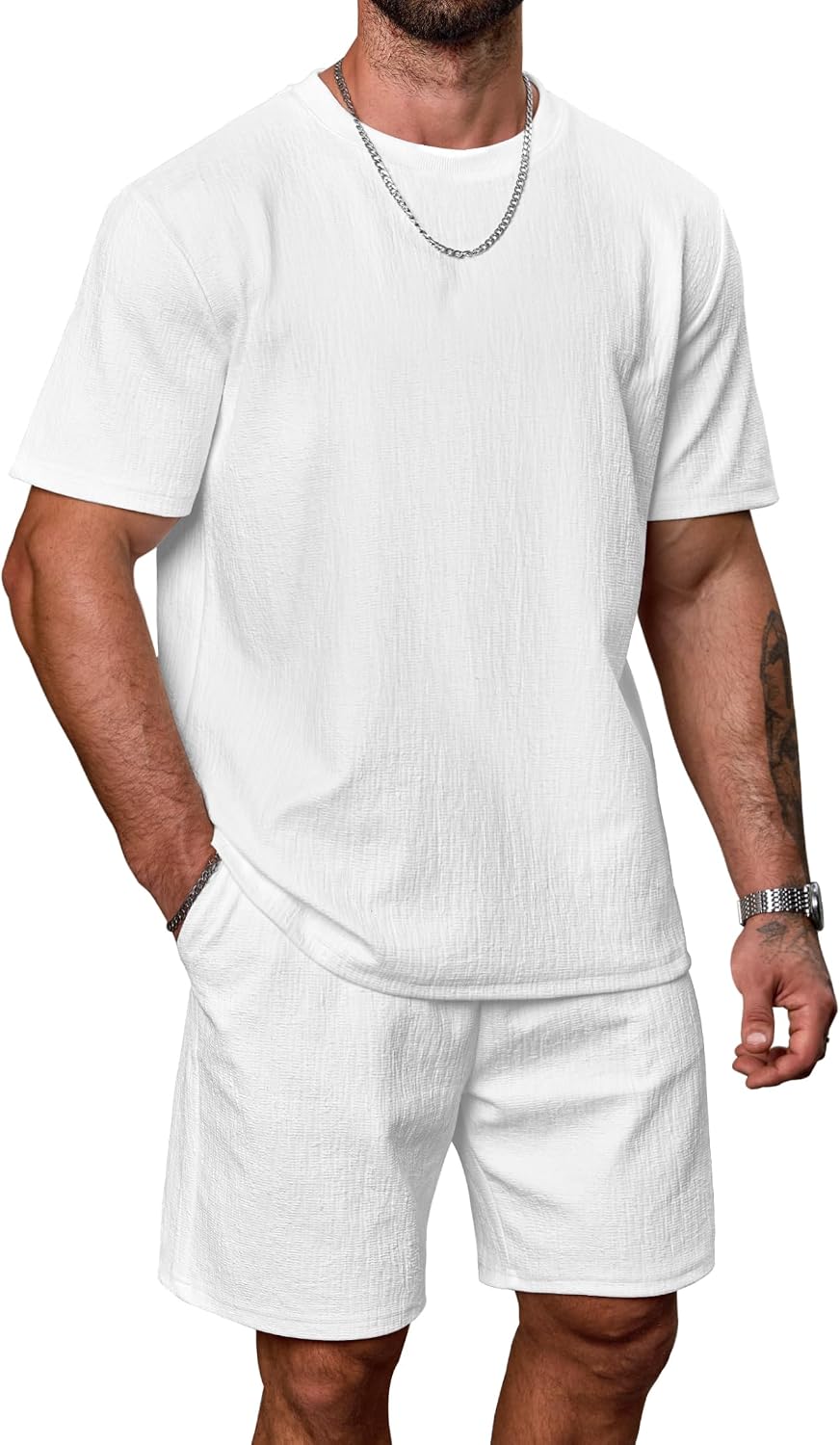 Mens 2 Piece Sets Loose Fit Textured Heavyweight Tshirt & Drawstring 7'' Shorts Casual Summer Outfits (S-XXL)